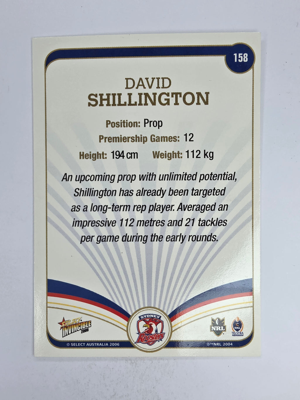 NRL 2006 Invincible Base Card #158 David Shillington Sydney Roosters