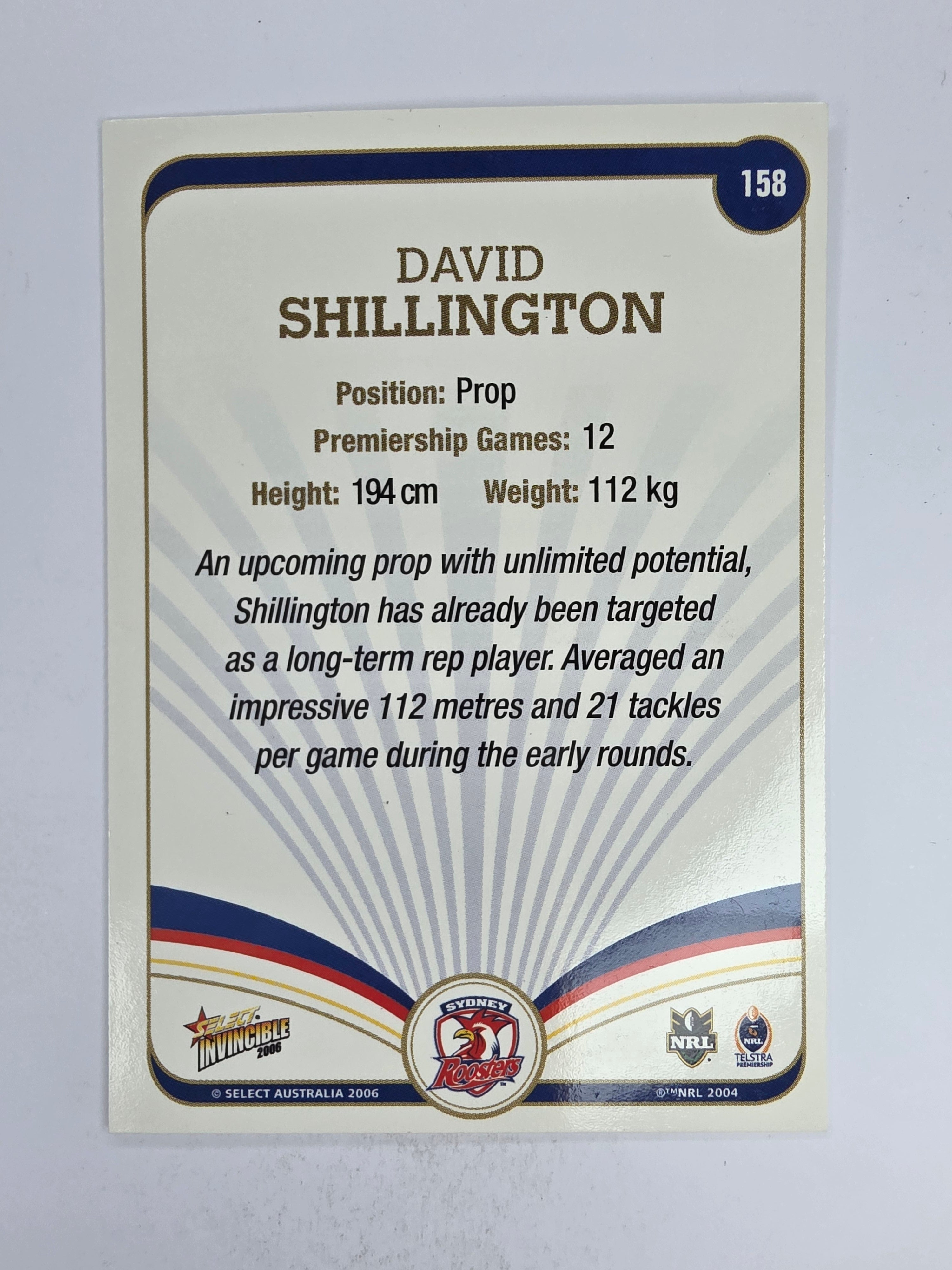 NRL 2006 Invincible Base Card #158 David Shillington Sydney Roosters