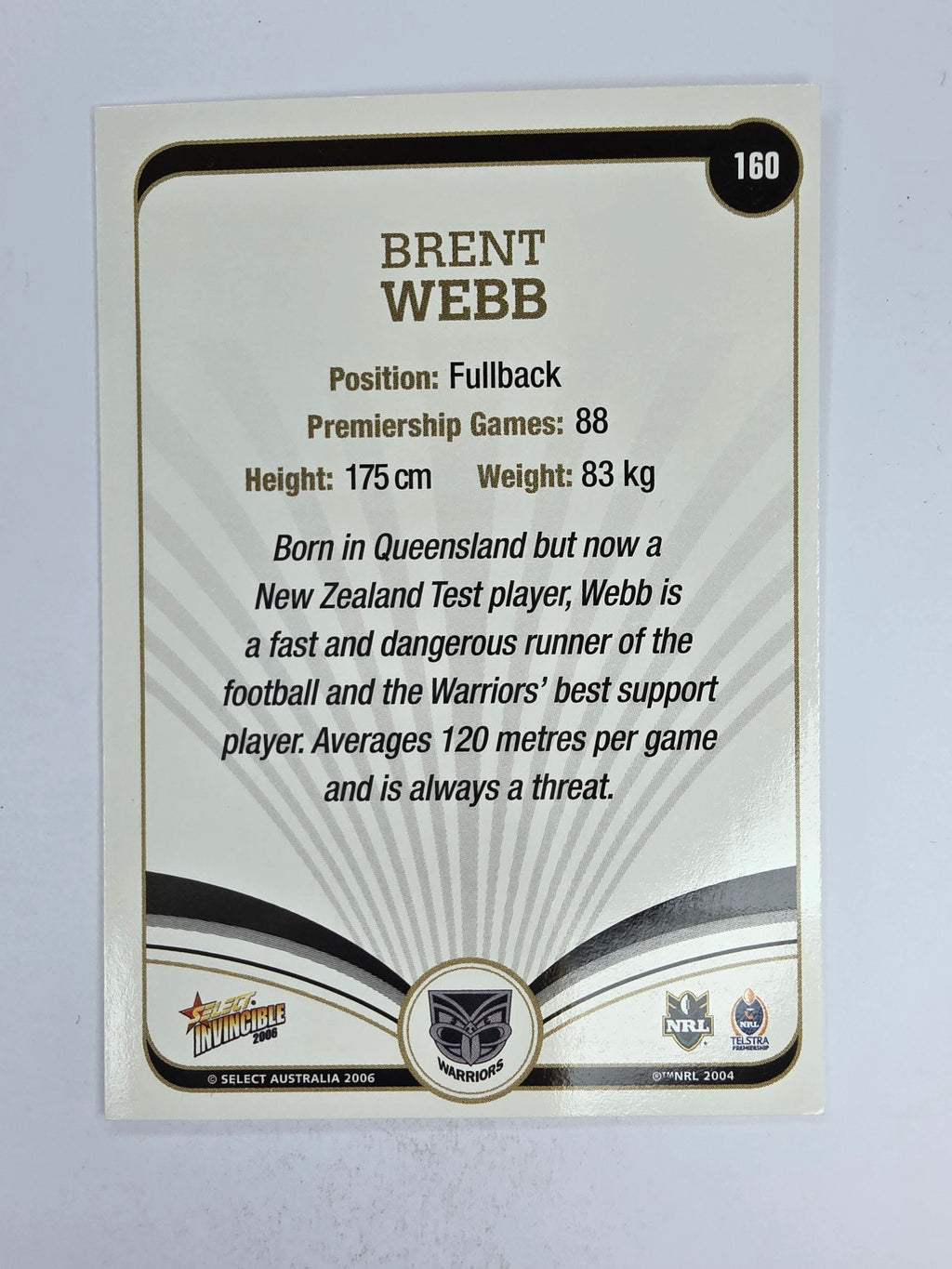 NRL 2006 Invincible Base Card #160 Brent Webb New Zealand Warriors