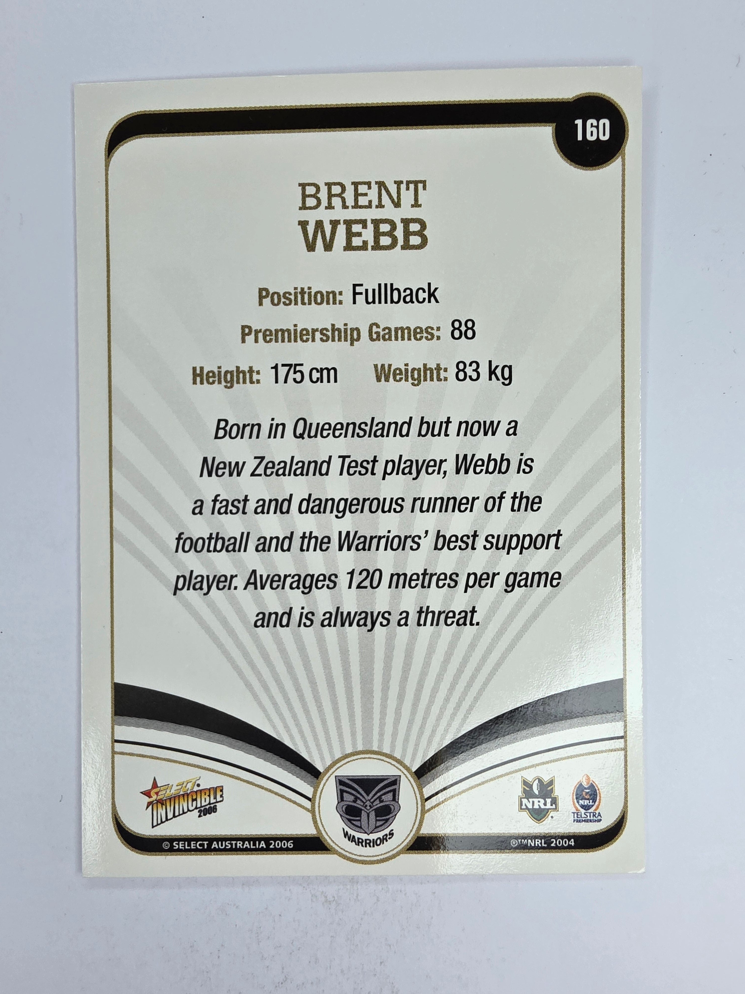 NRL 2006 Invincible Base Card #160 Brent Webb New Zealand Warriors