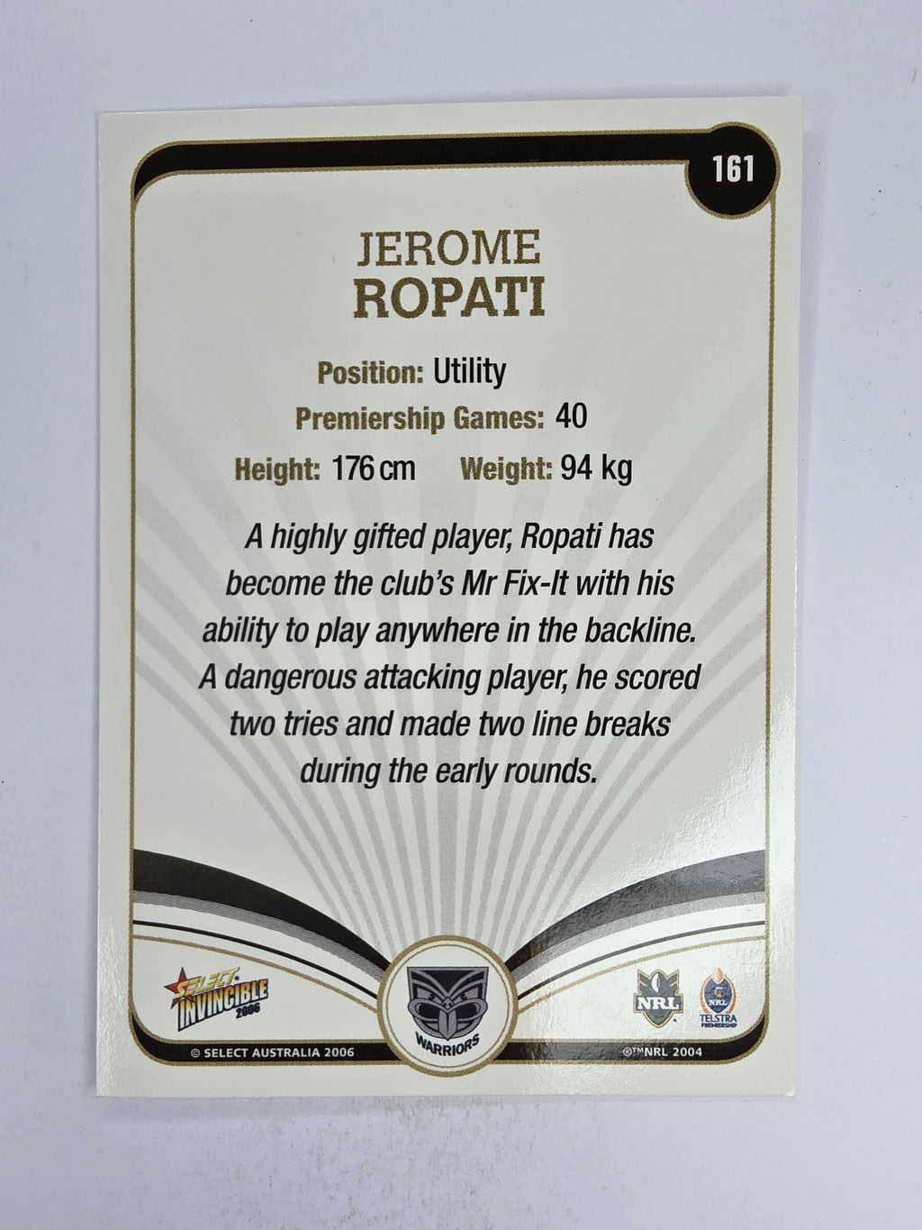 NRL 2006 Invincible Base Card #161 Jerome Ropati New Zealand Warriors