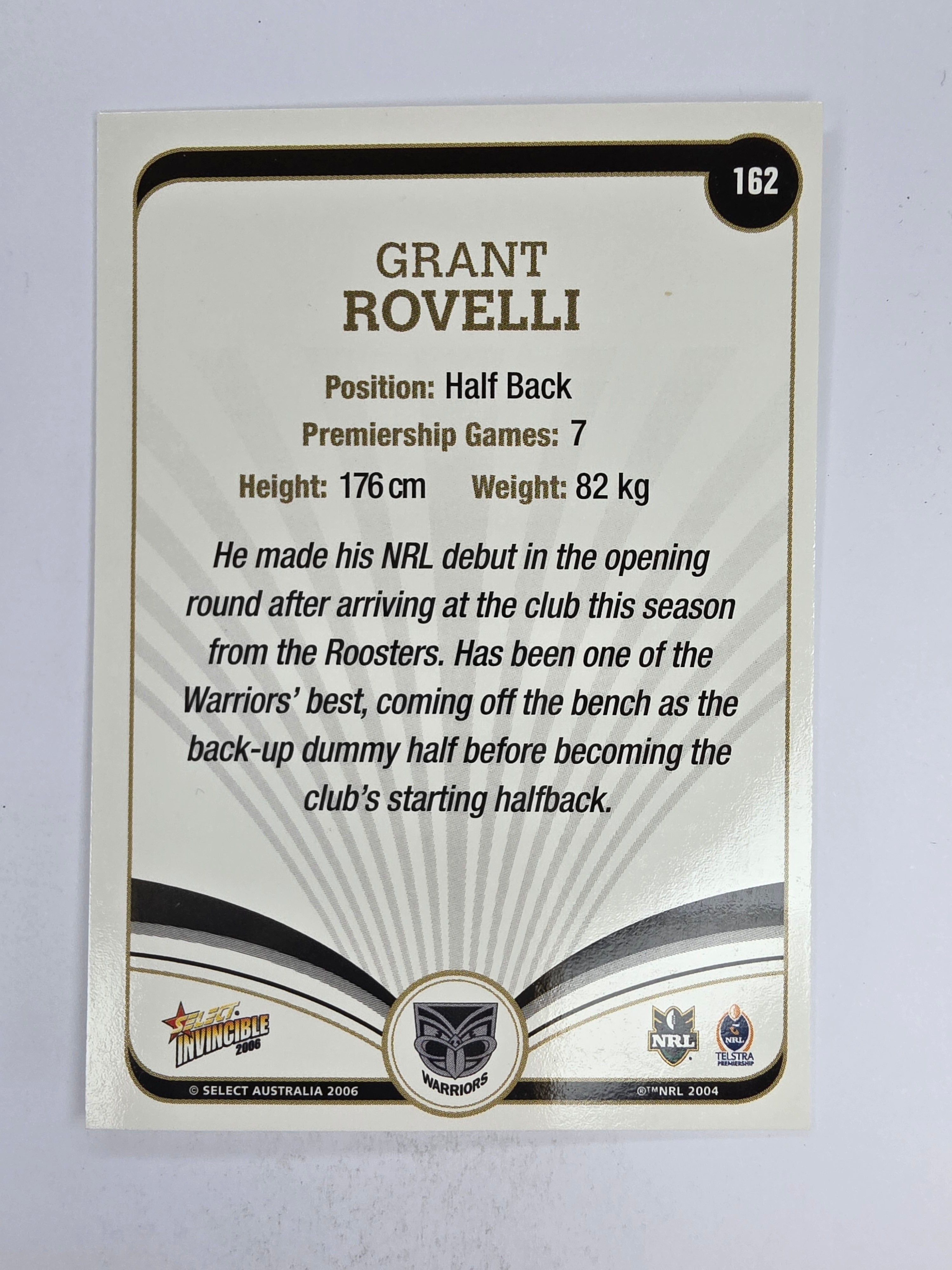 NRL 2006 Invincible Base Card #162 Grant Rovelli New Zealand Warriors