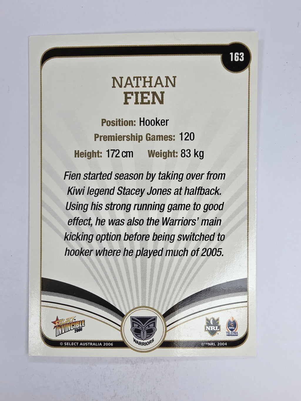 NRL 2006 Invincible Base Card #163 Nathan Fien New Zealand Warriors