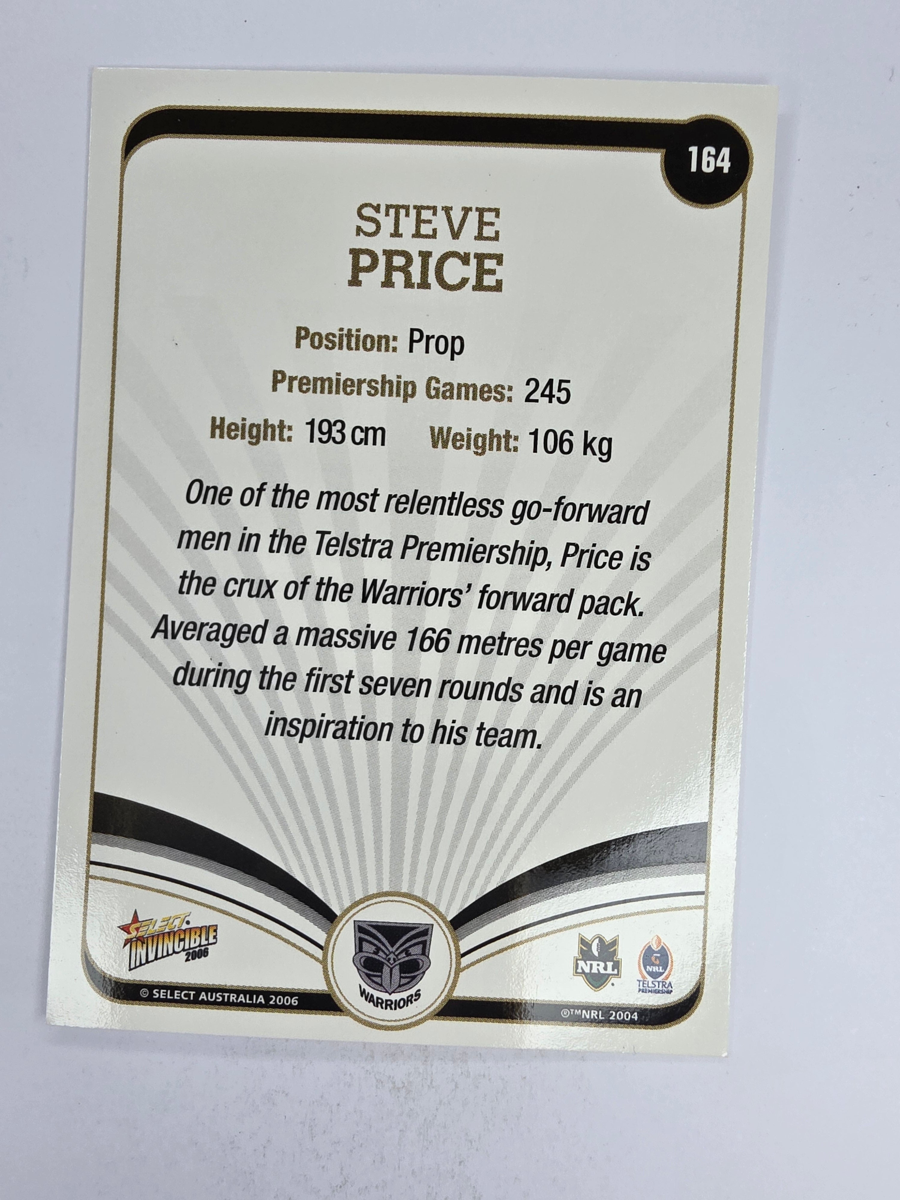 NRL 2006 Invincible Base Card #164 Steve Price New Zealand Warriors