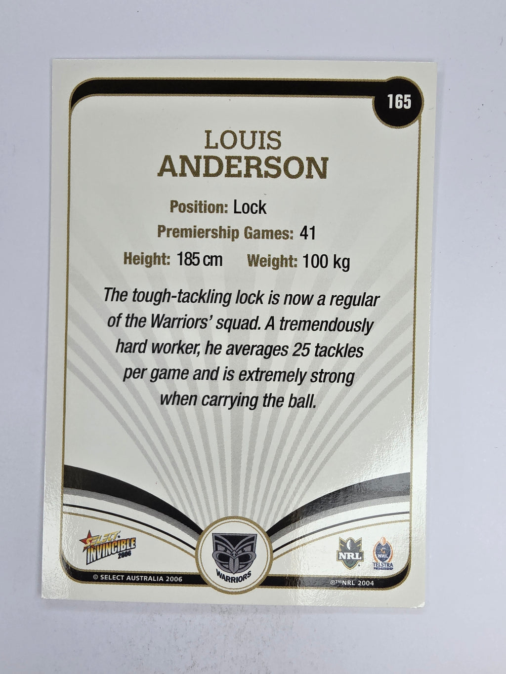 NRL 2006 Invincible Base Card #165 Louis Anderson New Zealand Warriors