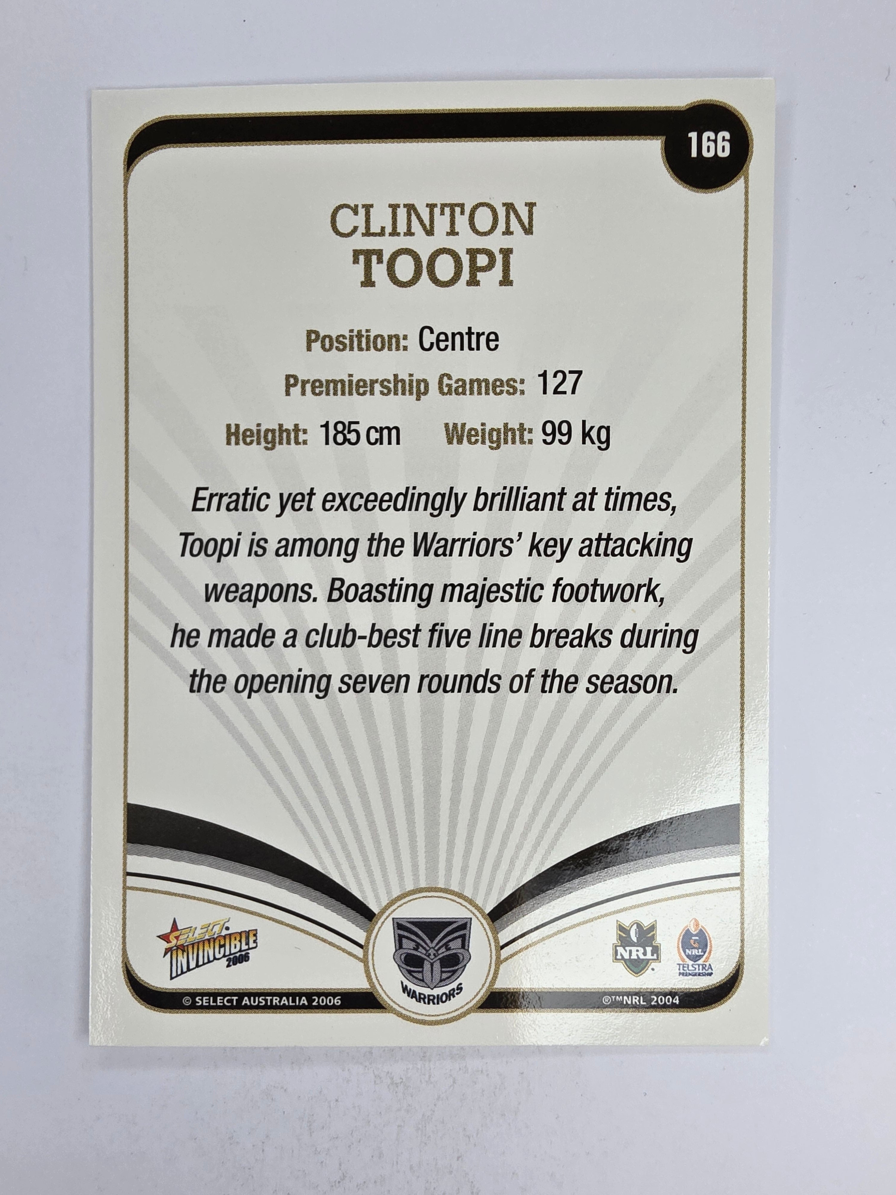NRL 2006 Invincible Base Card #166 Clinton Toopi New Zealand Warriors