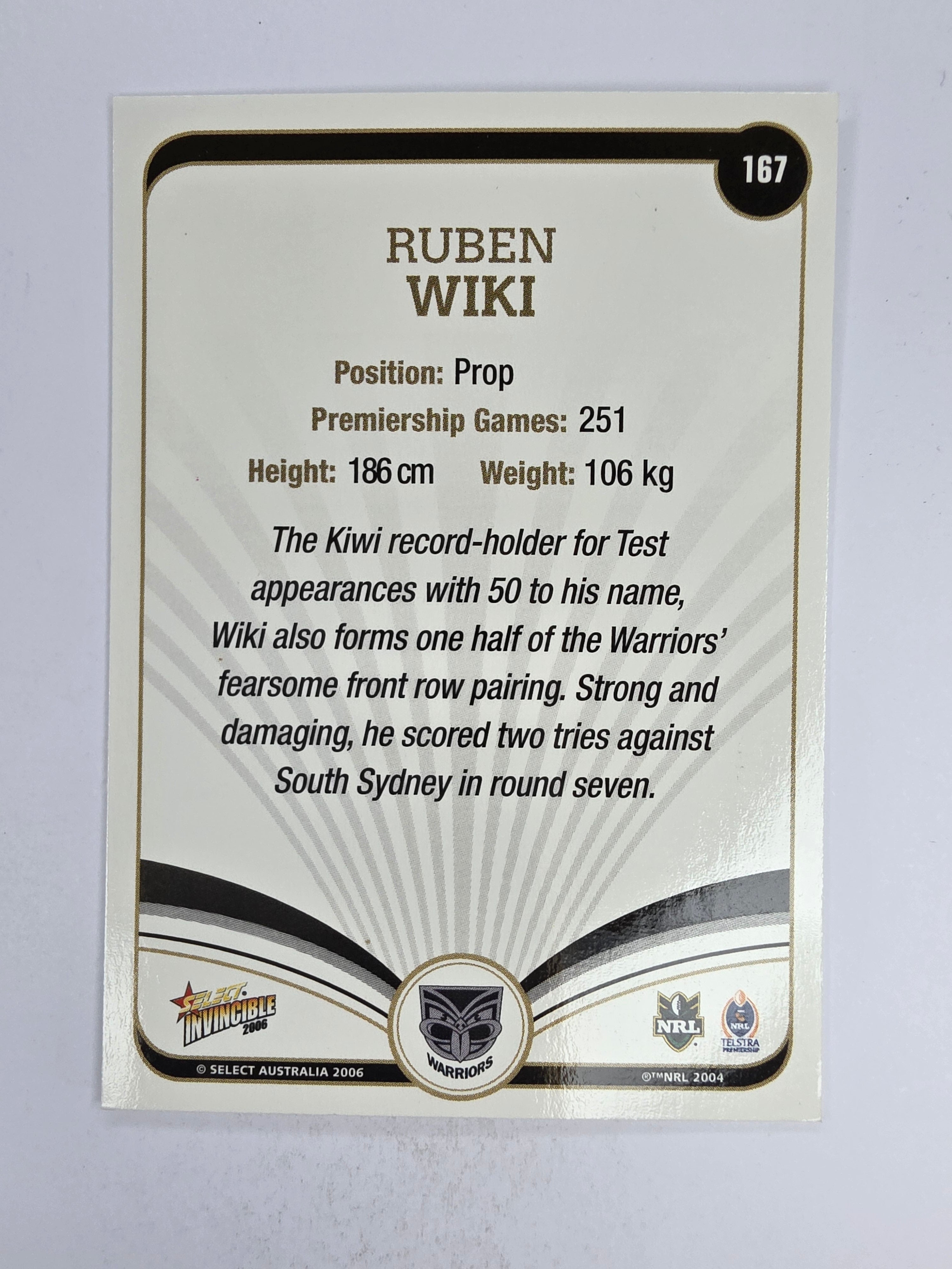 NRL 2006 Invincible Base Card #167 Ruben Wiki New Zealand Warriors