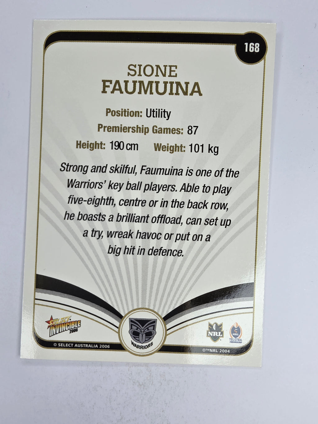NRL 2006 Invincible Base Card #168 Sione Faumuina New Zealand Warriors