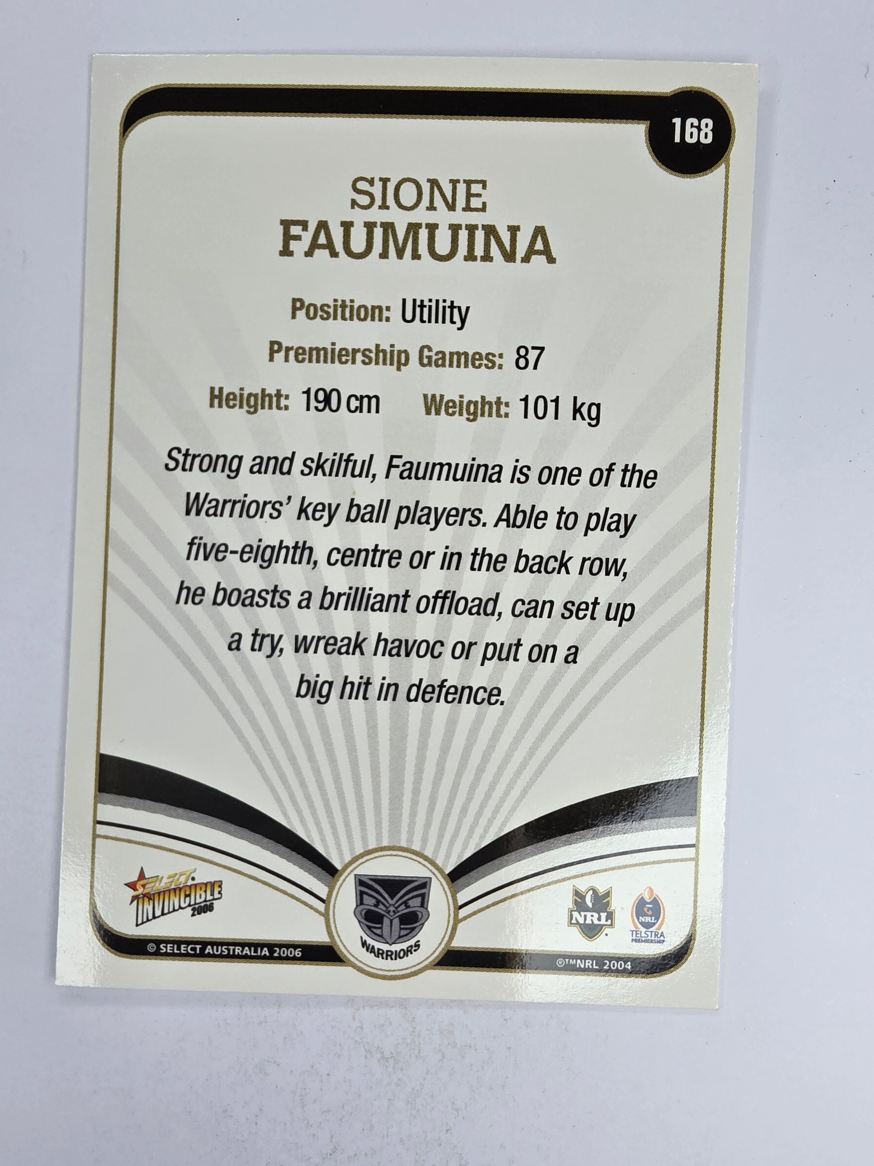 NRL 2006 Invincible Base Card #168 Sione Faumuina New Zealand Warriors