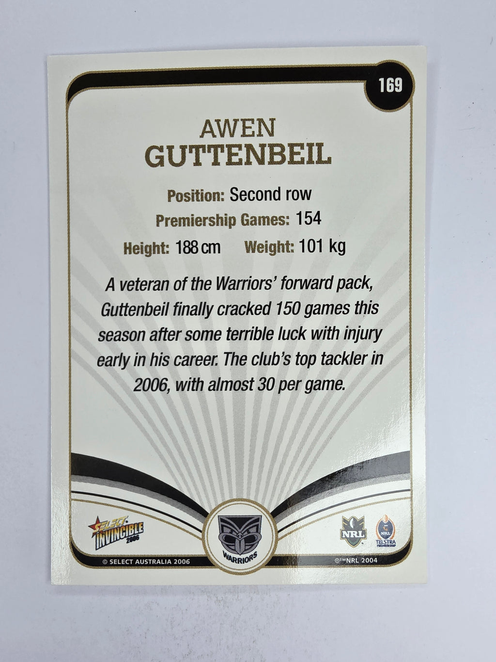 NRL 2006 Invincible Base Card #169 Awen Guttenbeil New Zealand Warriors