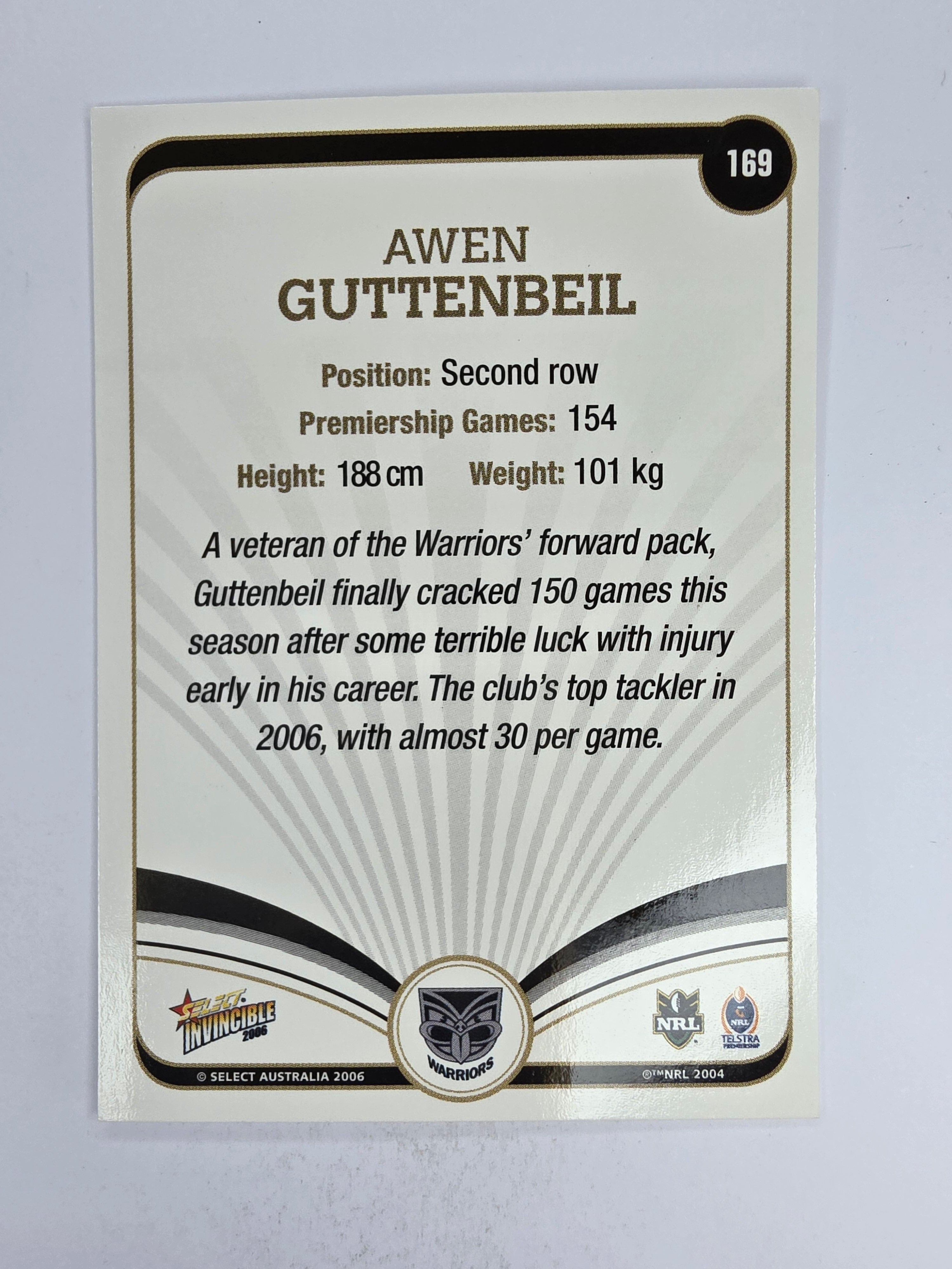 NRL 2006 Invincible Base Card #169 Awen Guttenbeil New Zealand Warriors