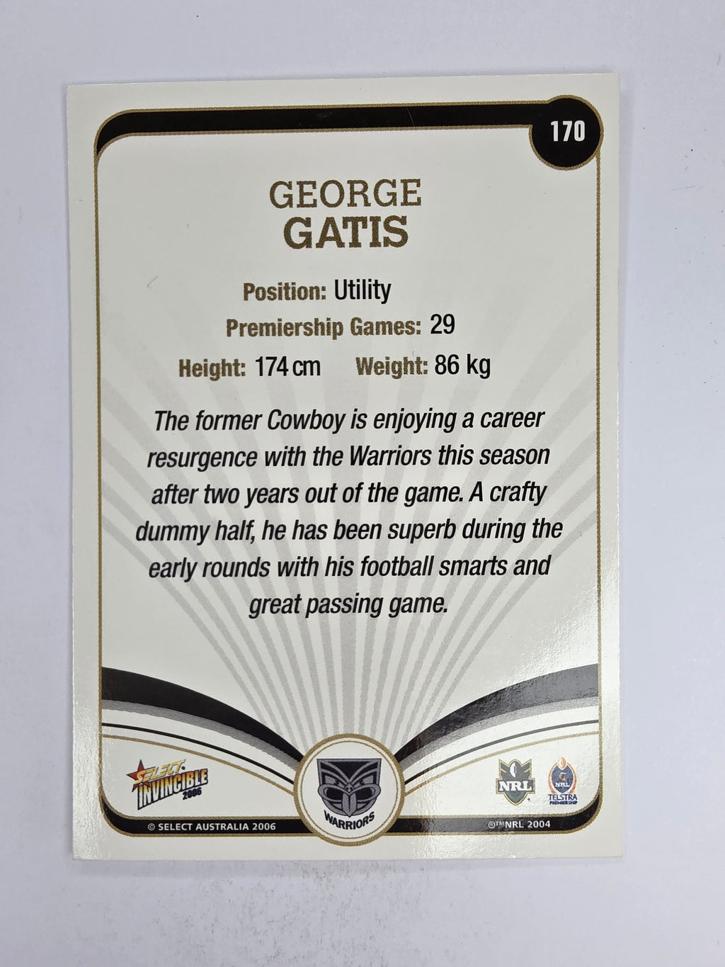 NRL 2006 Invincible Base Card #170 George Gatis New Zealand Warriors