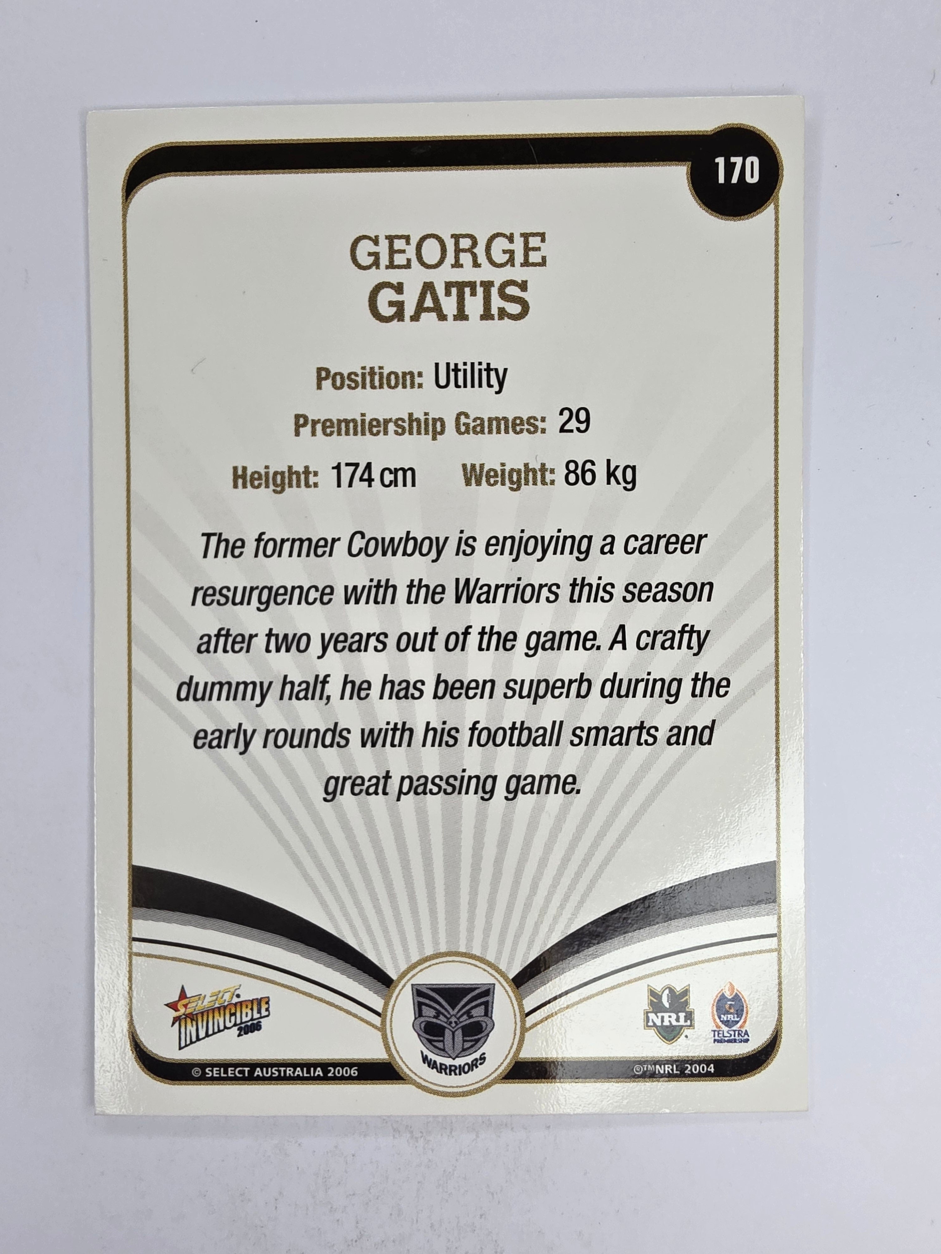 NRL 2006 Invincible Base Card #170 George Gatis New Zealand Warriors