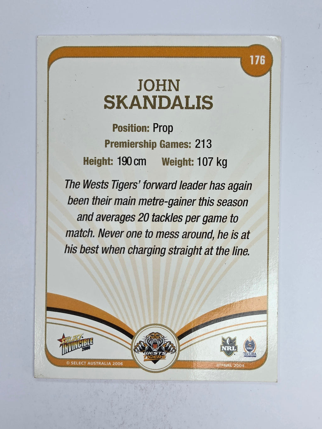 NRL 2006 Invincible Base Card #176 John Skandalis Wests Tigers