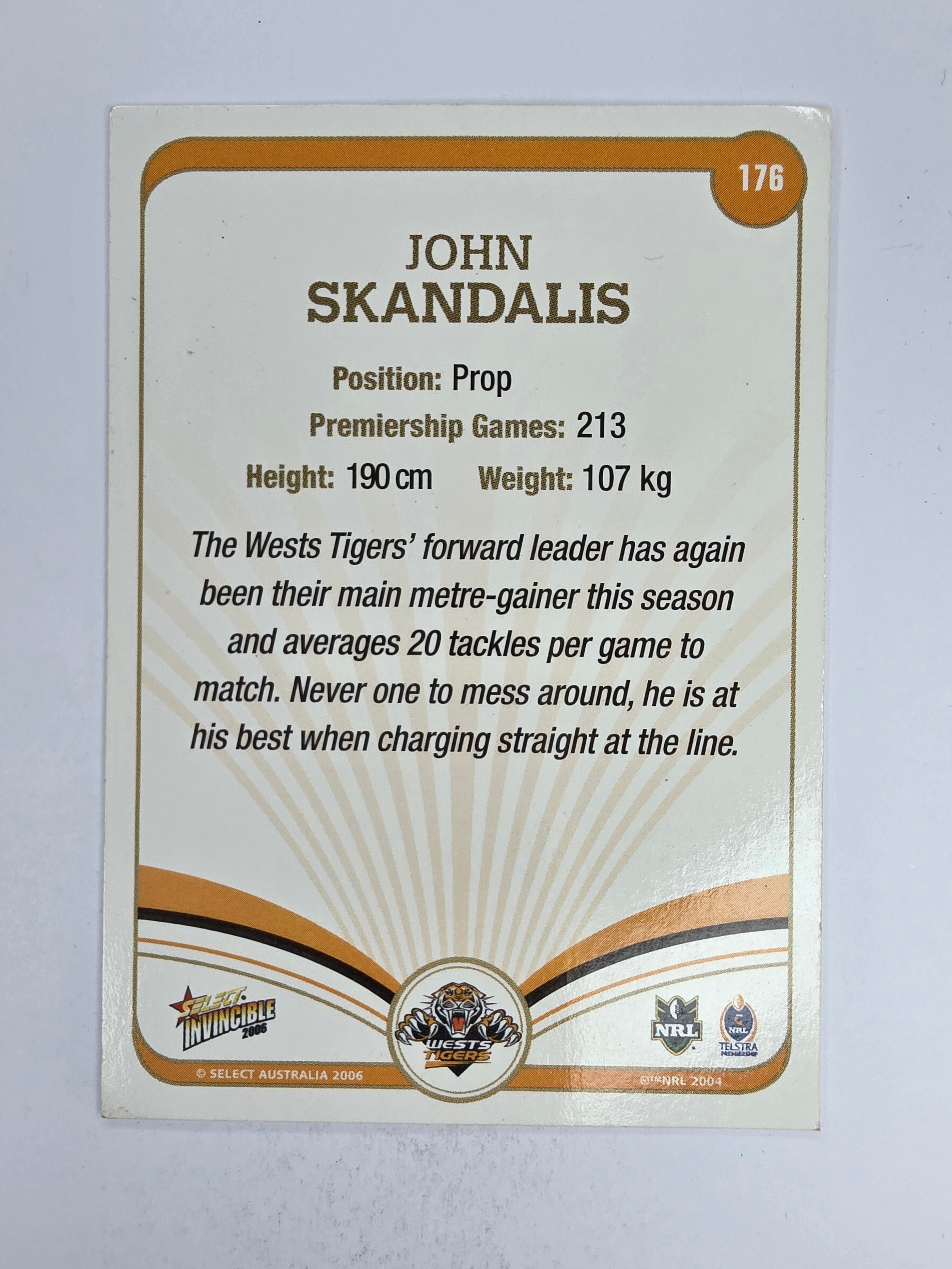 NRL 2006 Invincible Base Card #176 John Skandalis Wests Tigers