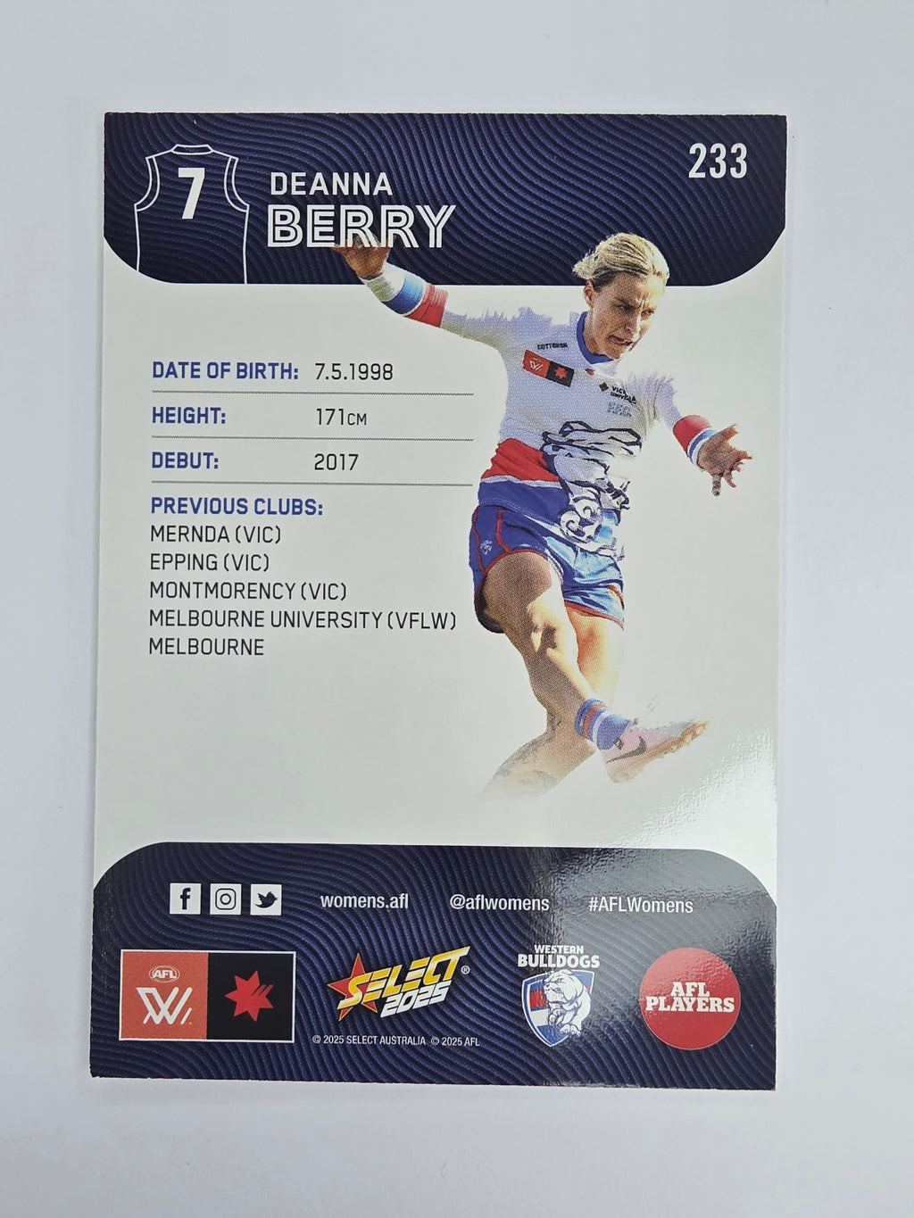 AFL 2025 Footy Stars Base Card #233 Deanna Berry Western Bulldogs AFLW