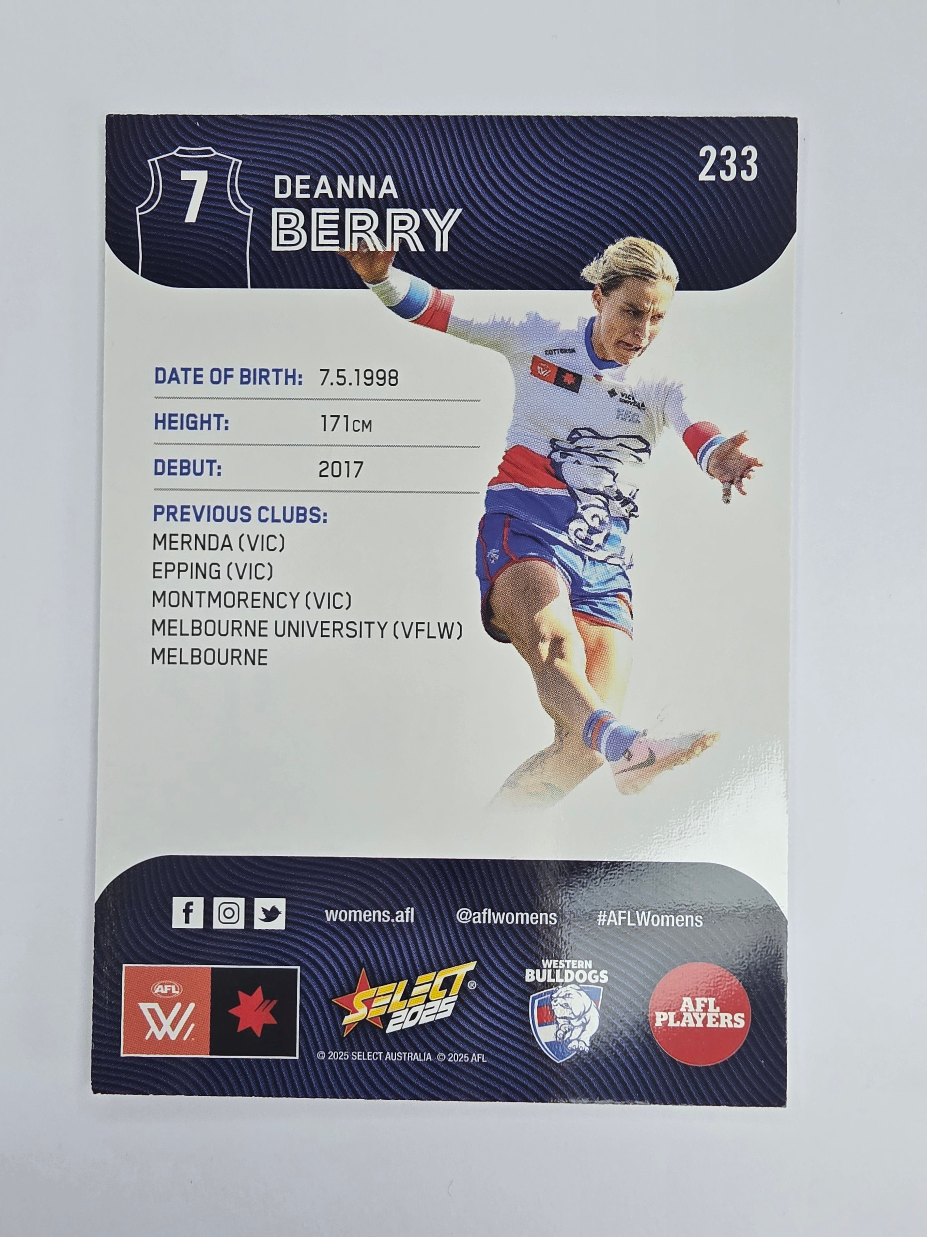 AFL 2025 Footy Stars Base Card #233 Deanna Berry Western Bulldogs AFLW