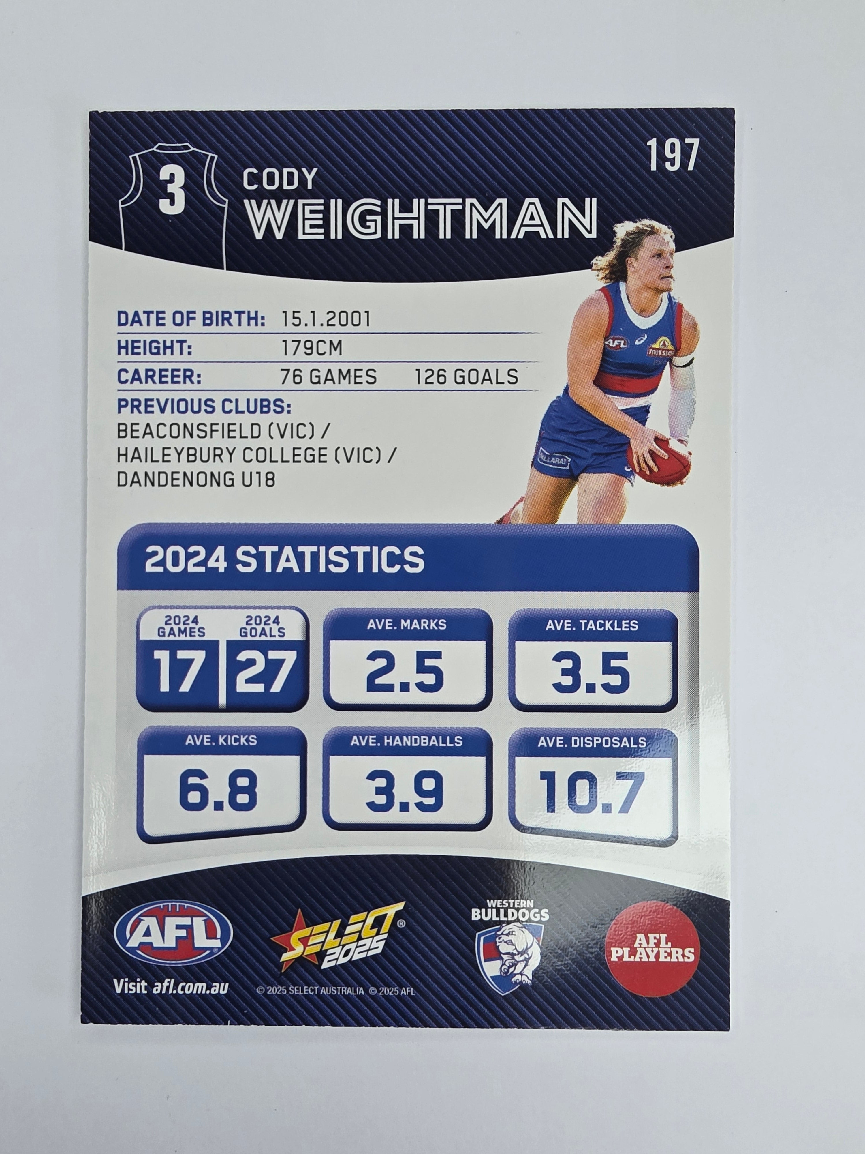 AFL 2025 Footy Stars Base Card #197 Cody Weightman Western Bulldogs