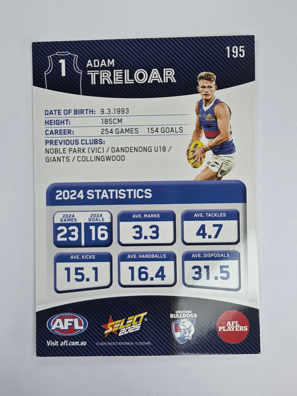 AFL 2025 Footy Stars Base Card #195 Adam Treloar Western Bulldogs
