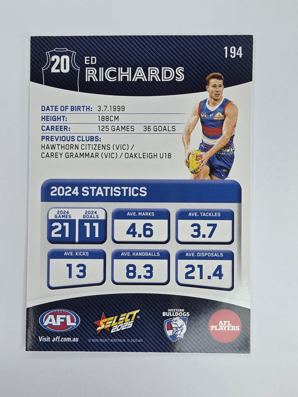 AFL 2025 Footy Stars Base Card #194 Ed Richards Western Bulldogs
