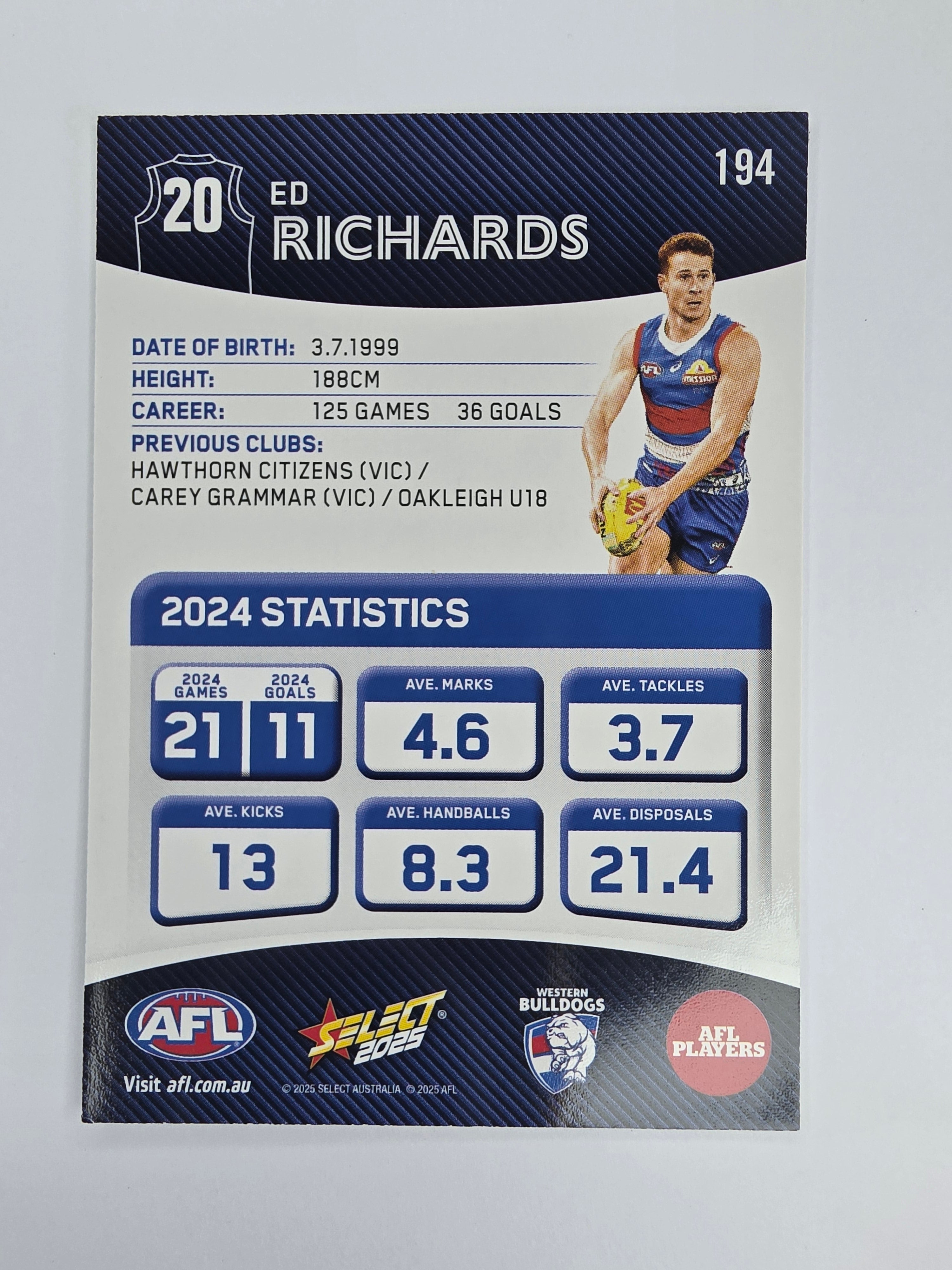 AFL 2025 Footy Stars Base Card #194 Ed Richards Western Bulldogs