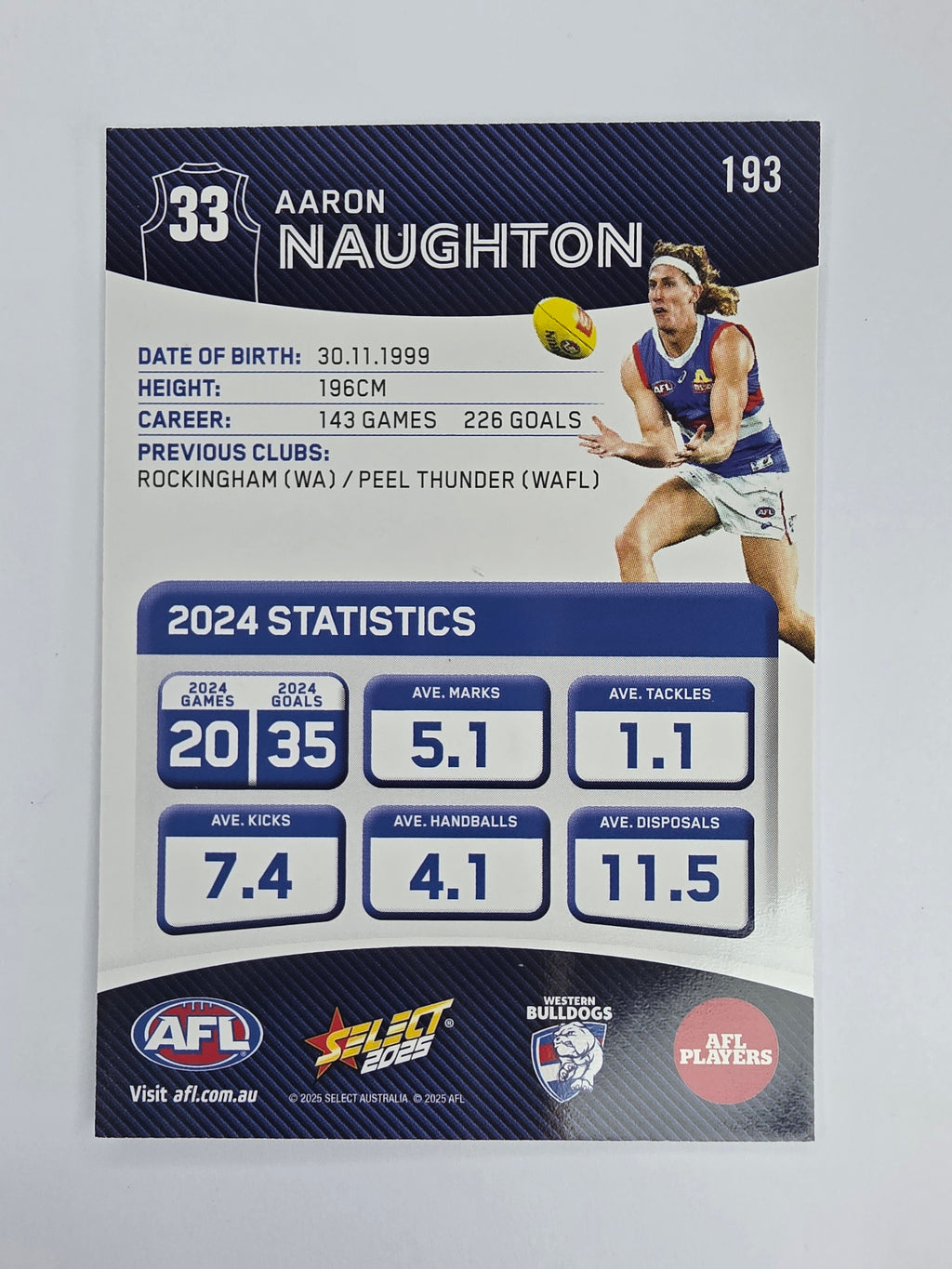 AFL 2025 Footy Stars Base Card #193 Aaron Naughton Western Bulldogs