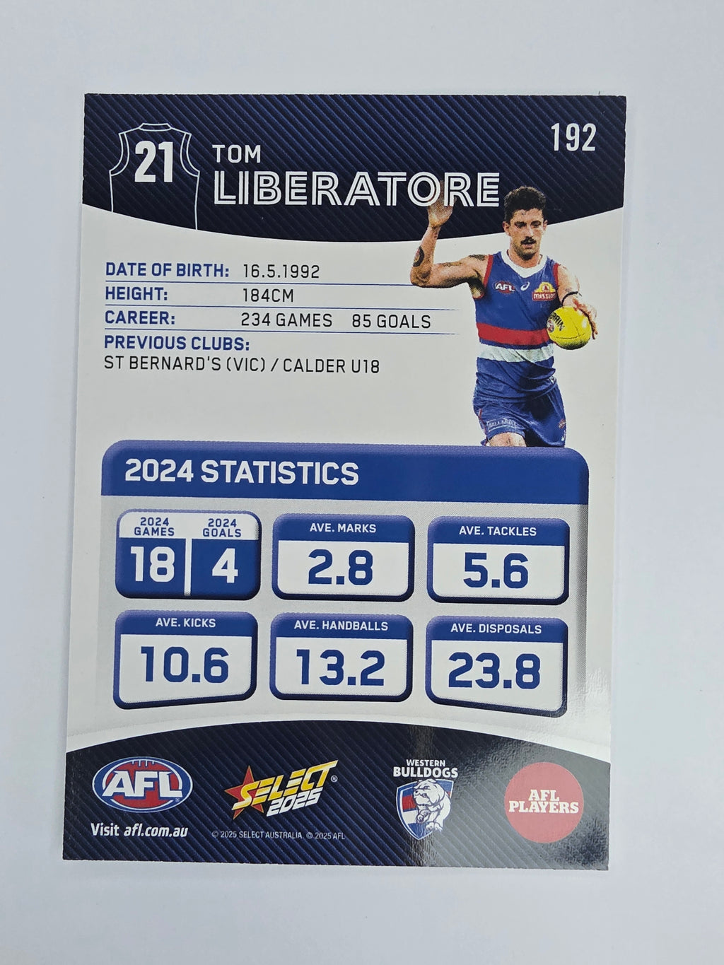 AFL 2025 Footy Stars Base Card #192 Tom Liberatore Western Bulldogs