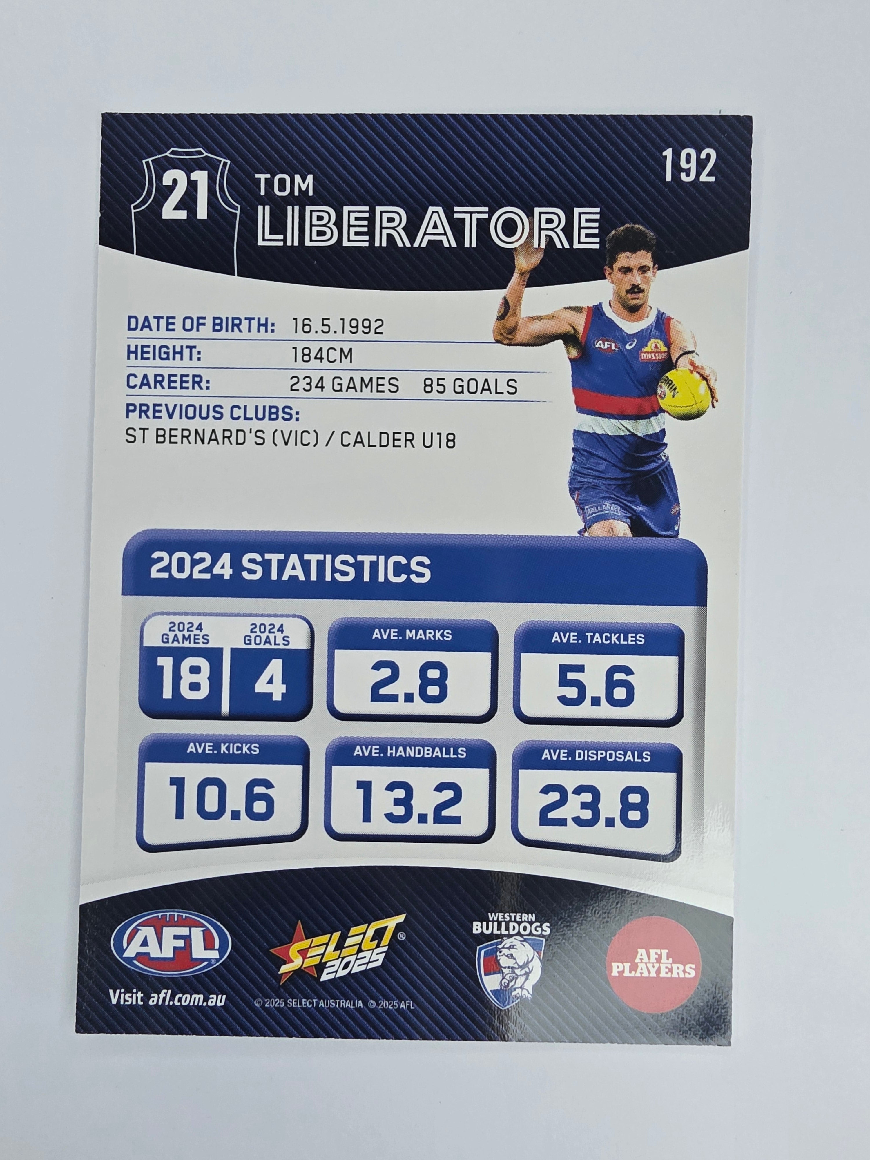 AFL 2025 Footy Stars Base Card #192 Tom Liberatore Western Bulldogs