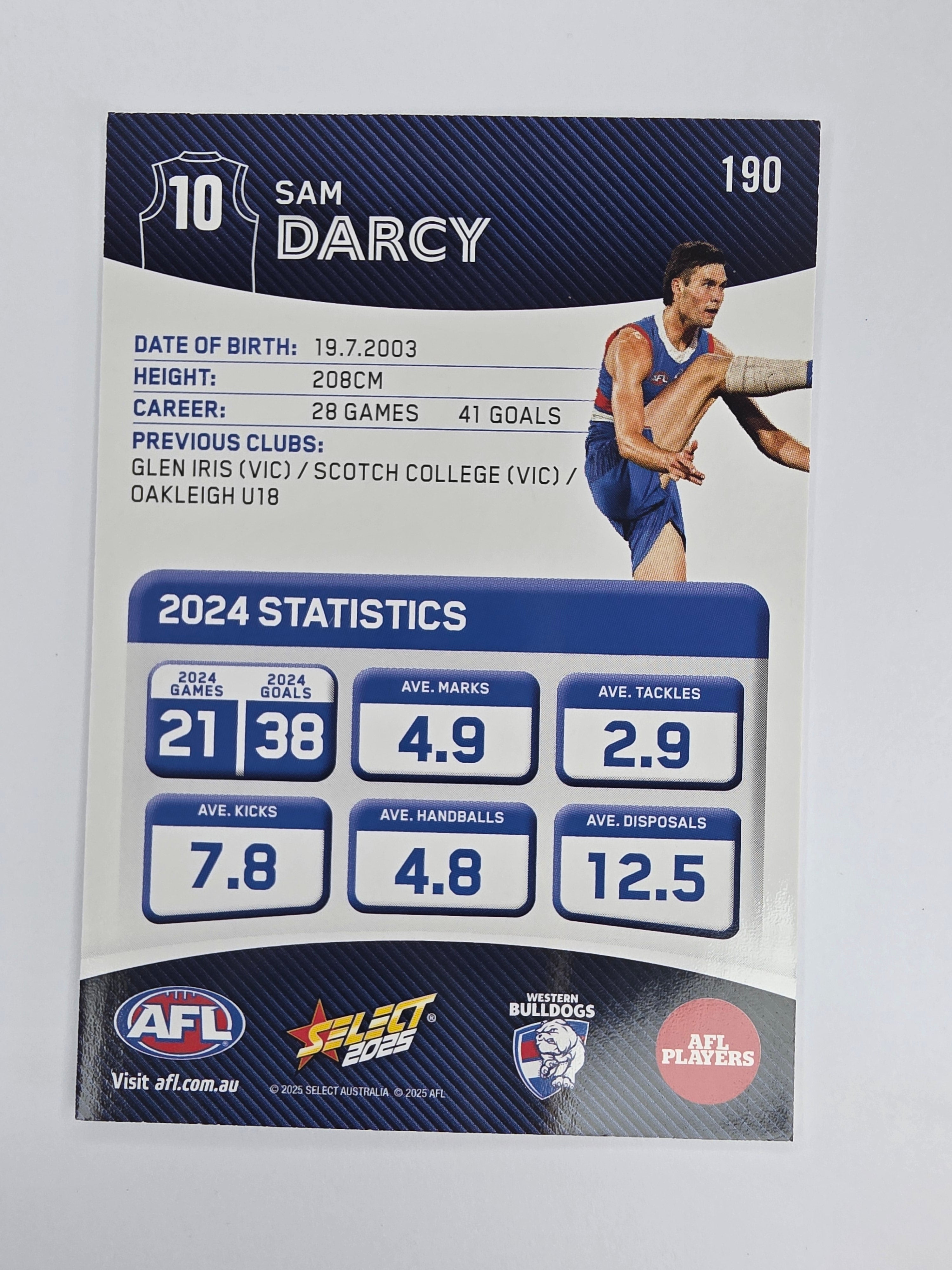 AFL 2025 Footy Stars Base Card #190 Sam Darcy Western Bulldogs