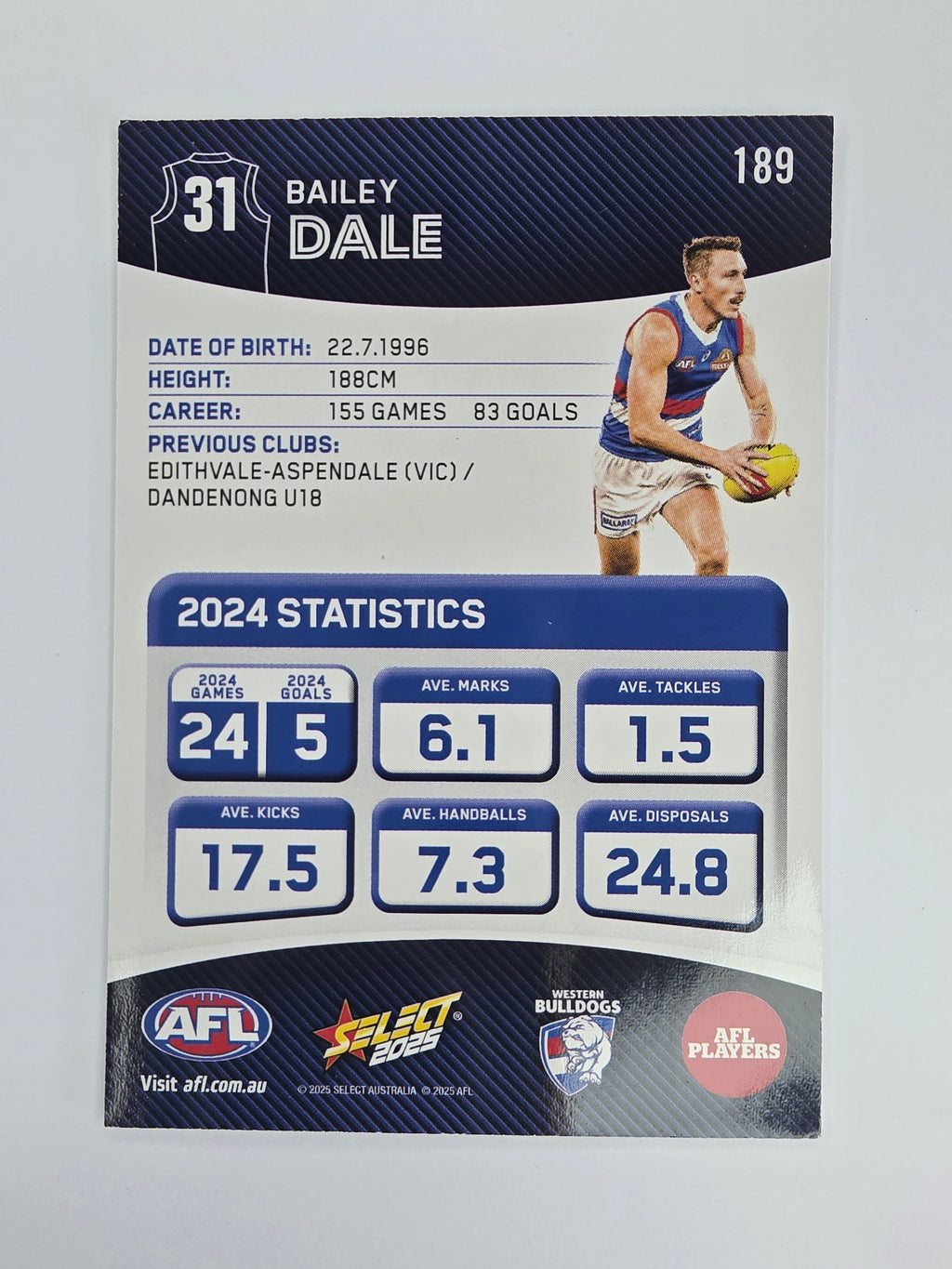 AFL 2025 Footy Stars Base Card #189 Bailey Dale Western Bulldogs
