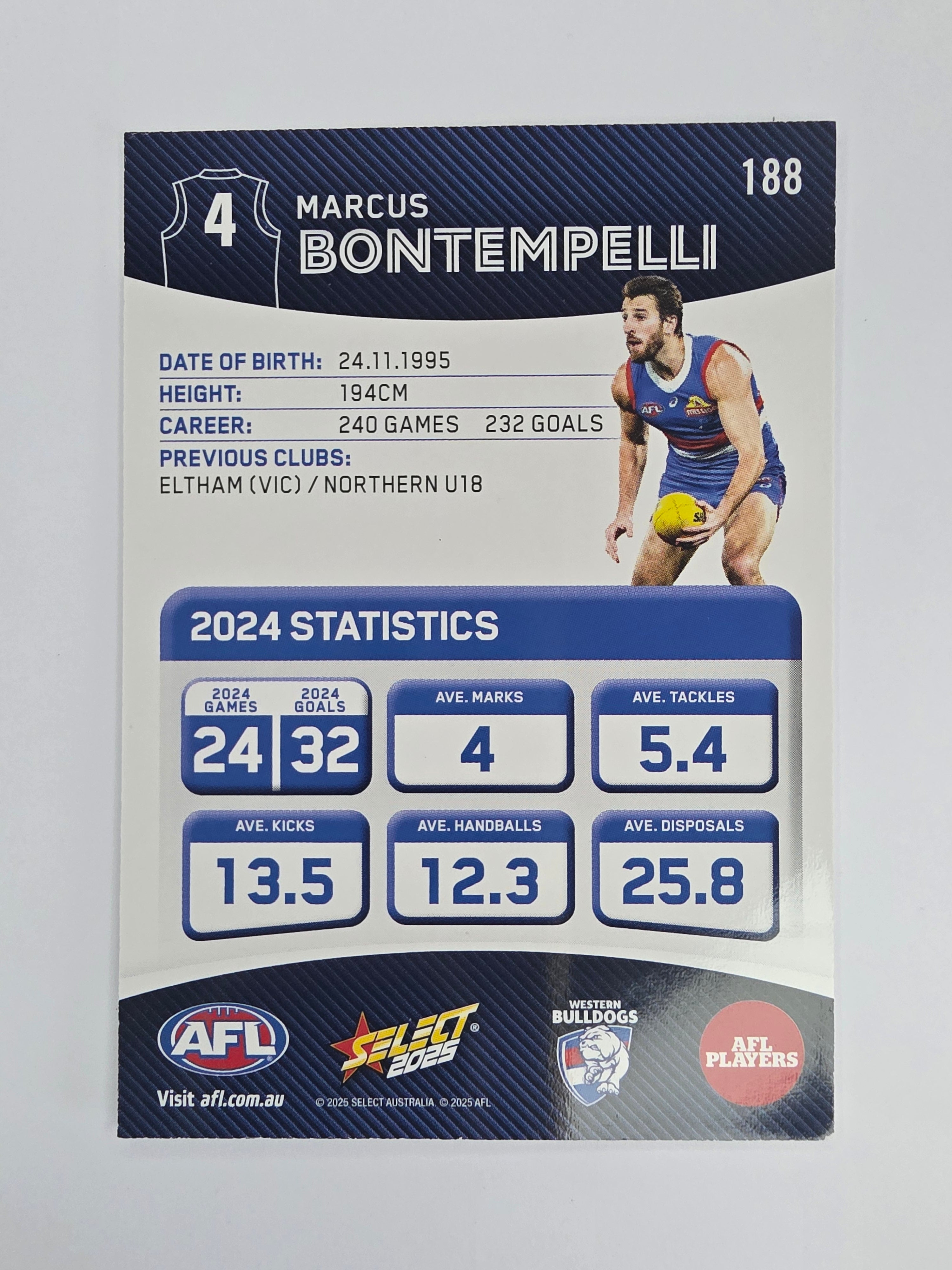 AFL 2025 Footy Stars Base Card #188 Marcus Bontempelli Western Bulldogs