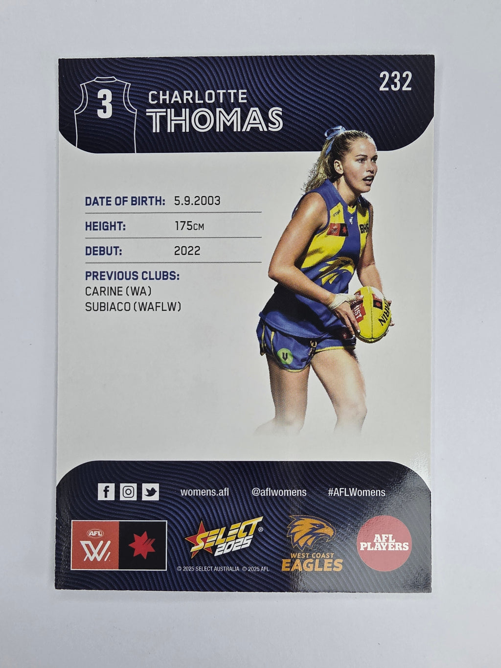 AFL 2025 Footy Stars Base Card #232 Charlie Thomas West Coast Eagles AFLW
