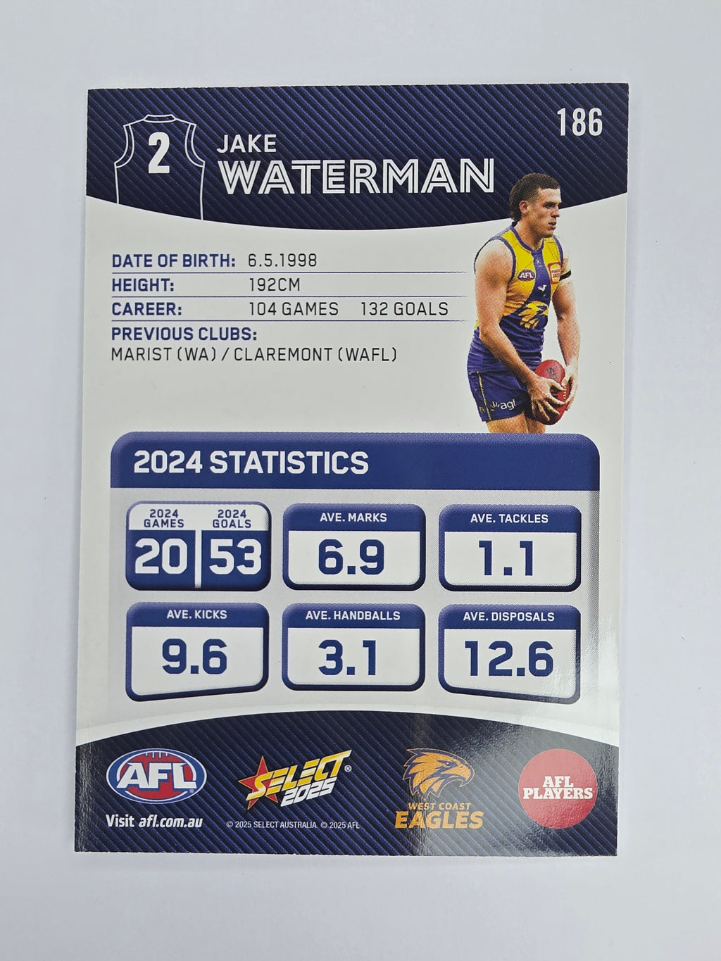 AFL 2025 Footy Stars Base Card #186 Jake Waterman West Coast Eagles