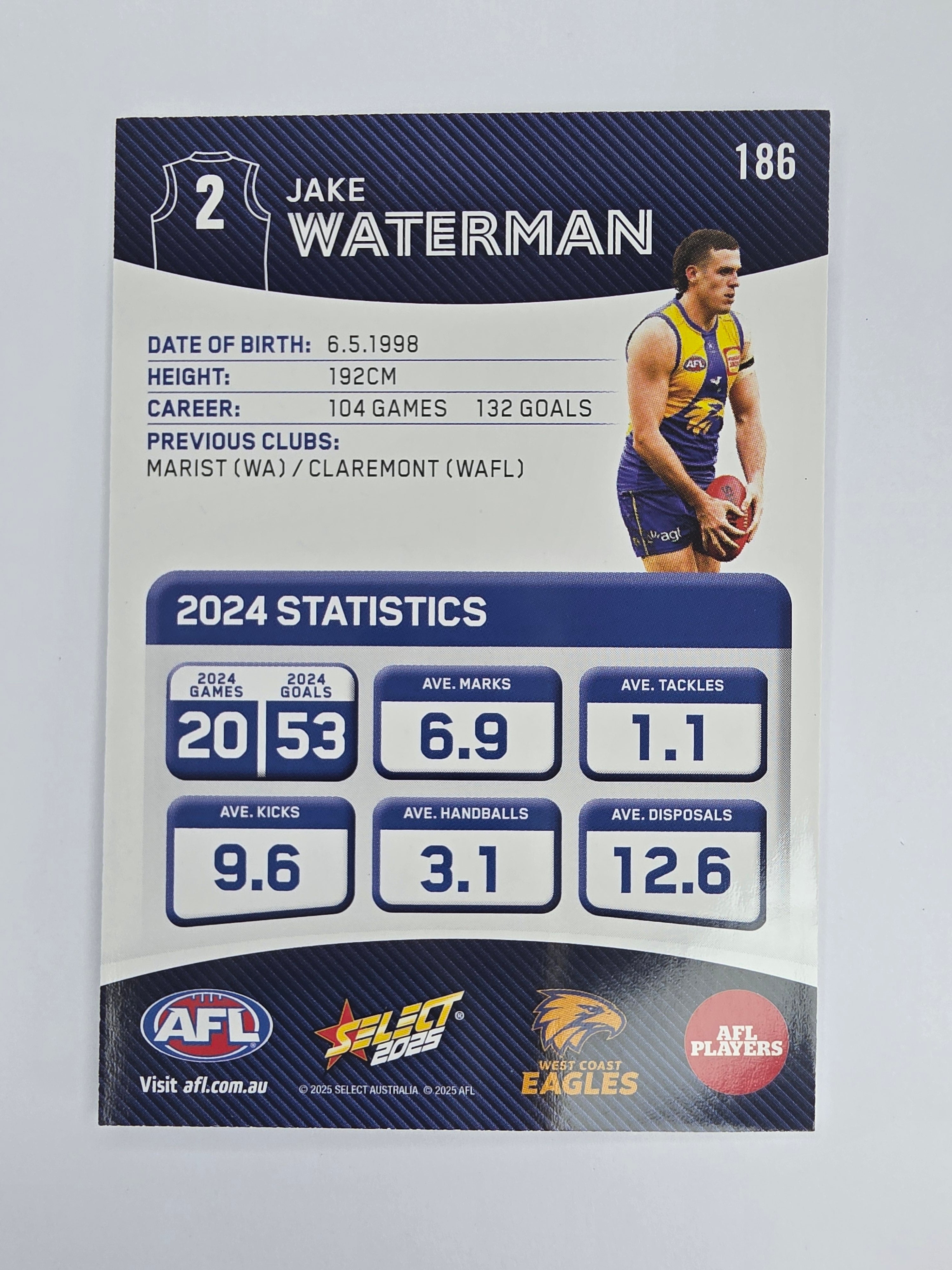 AFL 2025 Footy Stars Base Card #186 Jake Waterman West Coast Eagles