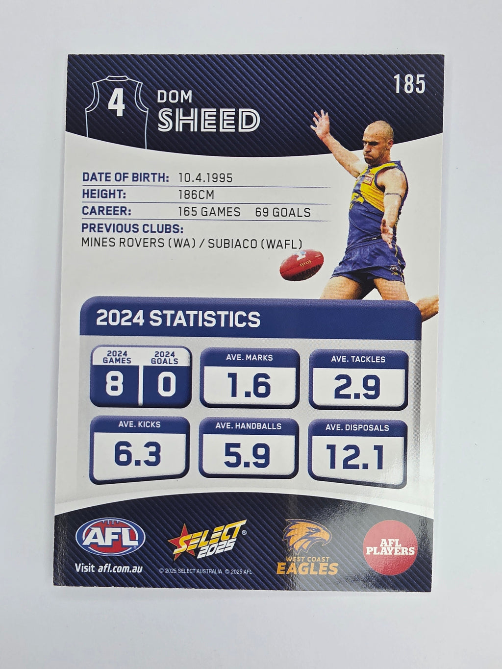 AFL 2025 Footy Stars Base Card #185 Dom Sheed West Coast Eagles