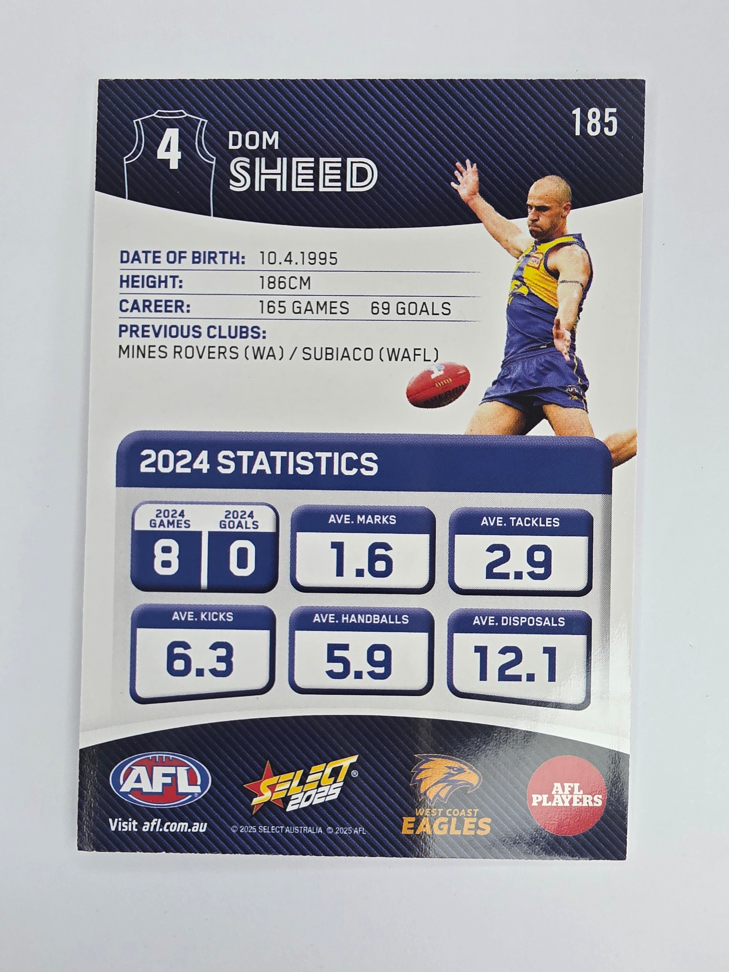 AFL 2025 Footy Stars Base Card #185 Dom Sheed West Coast Eagles