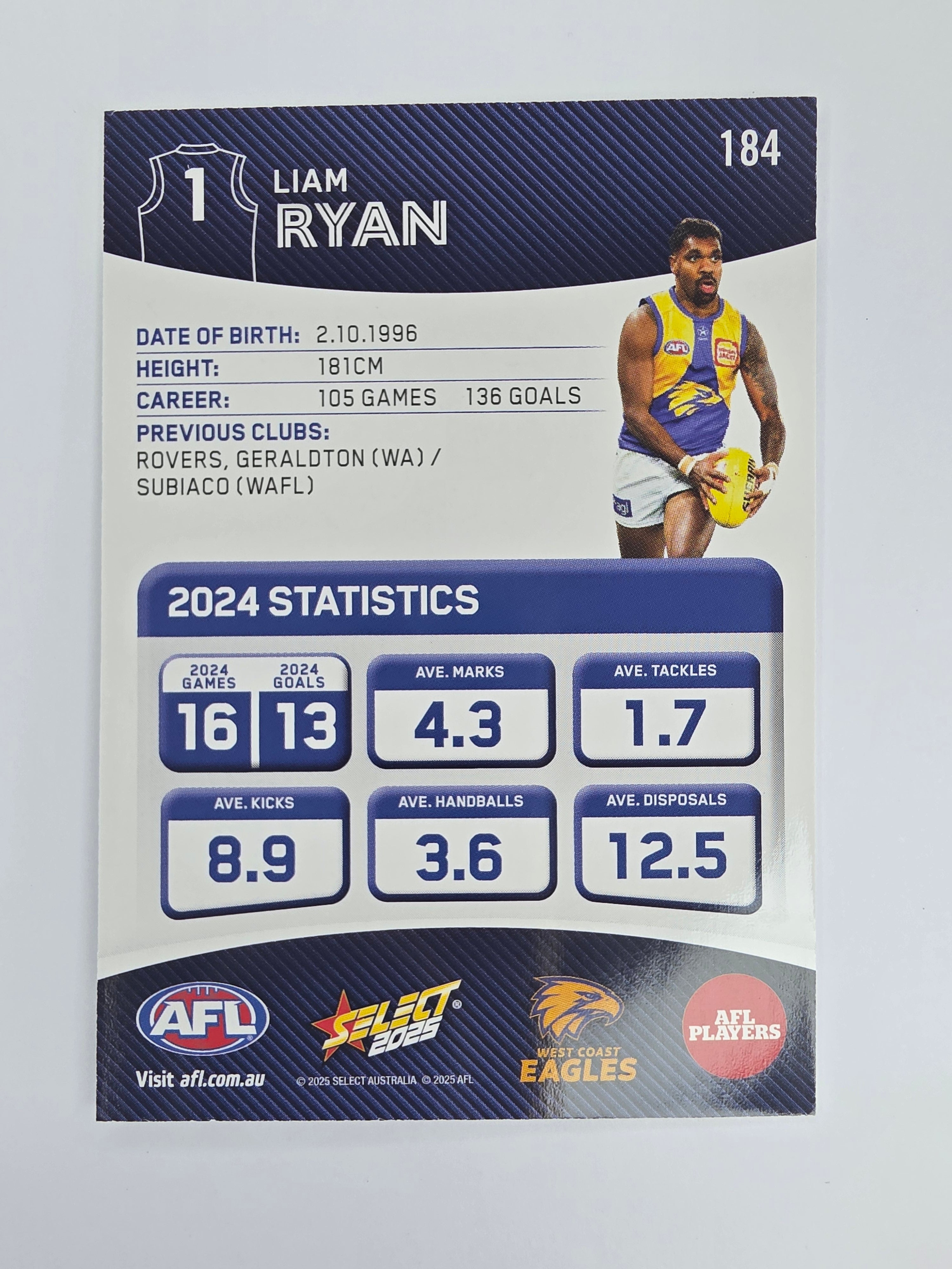 AFL 2025 Footy Stars Base Card #184 Liam Ryan West Coast Eagles