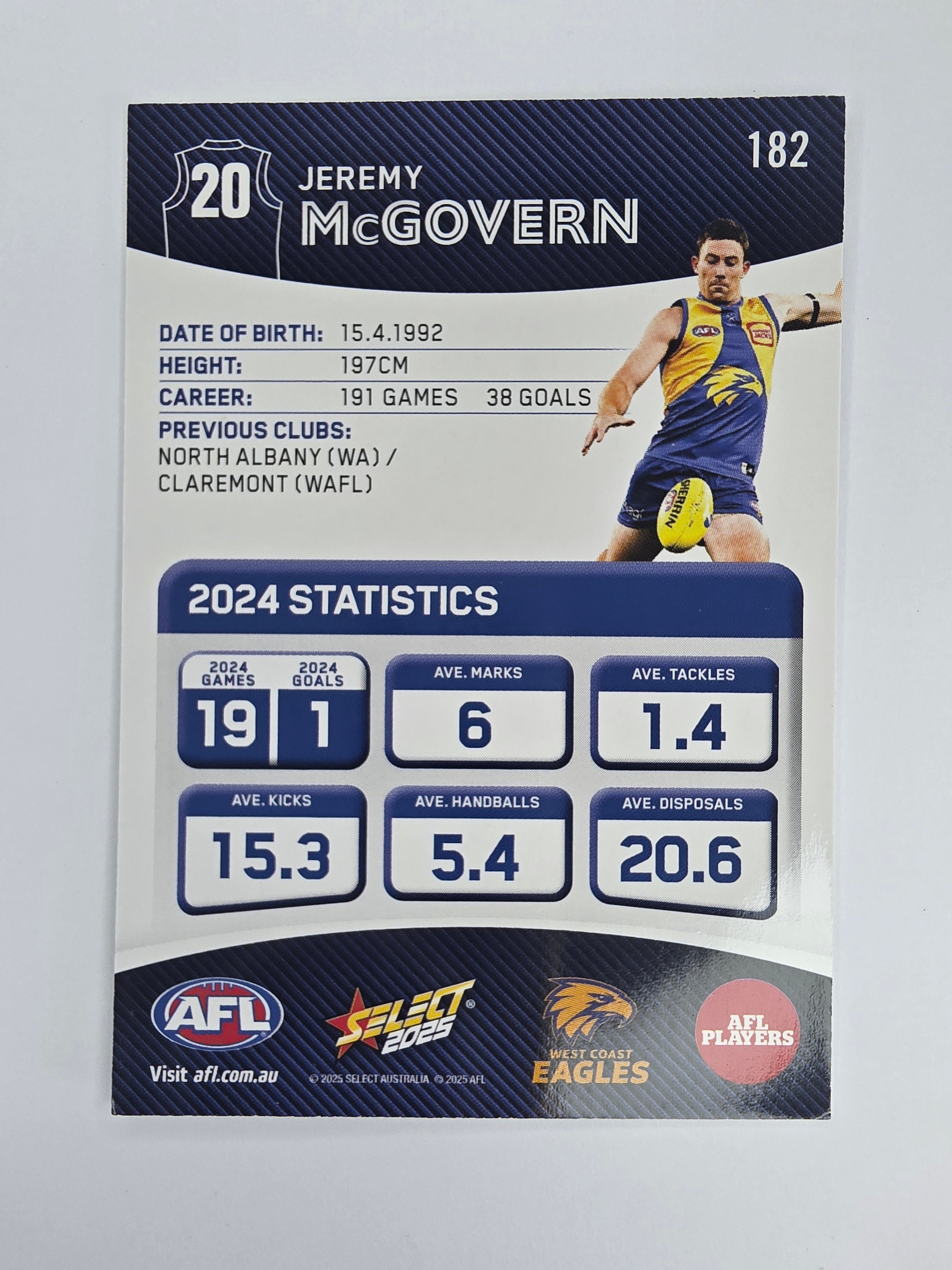 AFL 2025 Footy Stars Base Card #182 Jeremy McGovern West Coast Eagles