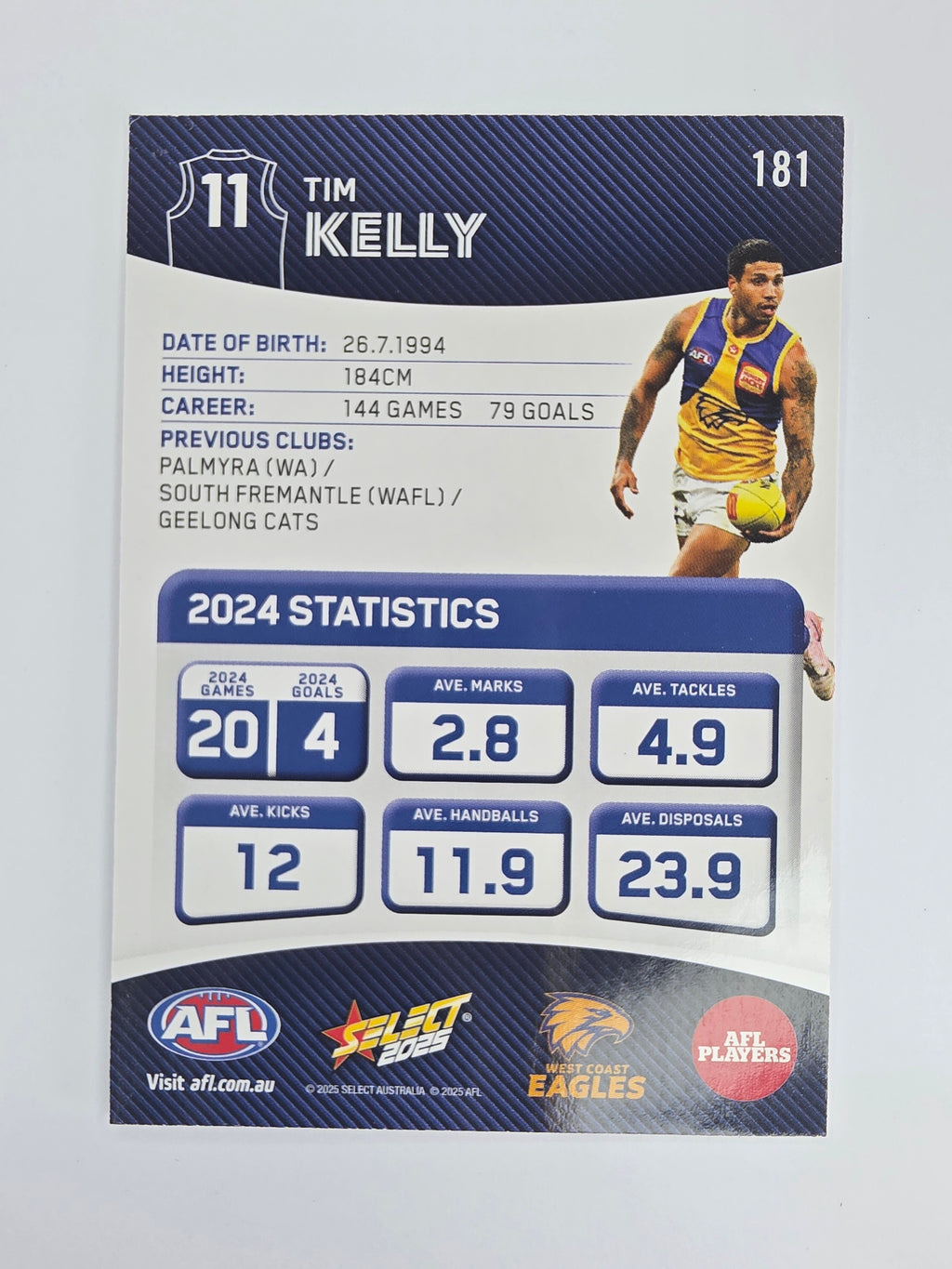 AFL 2025 Footy Stars Base Card #181 Tim Kelly West Coast Eagles