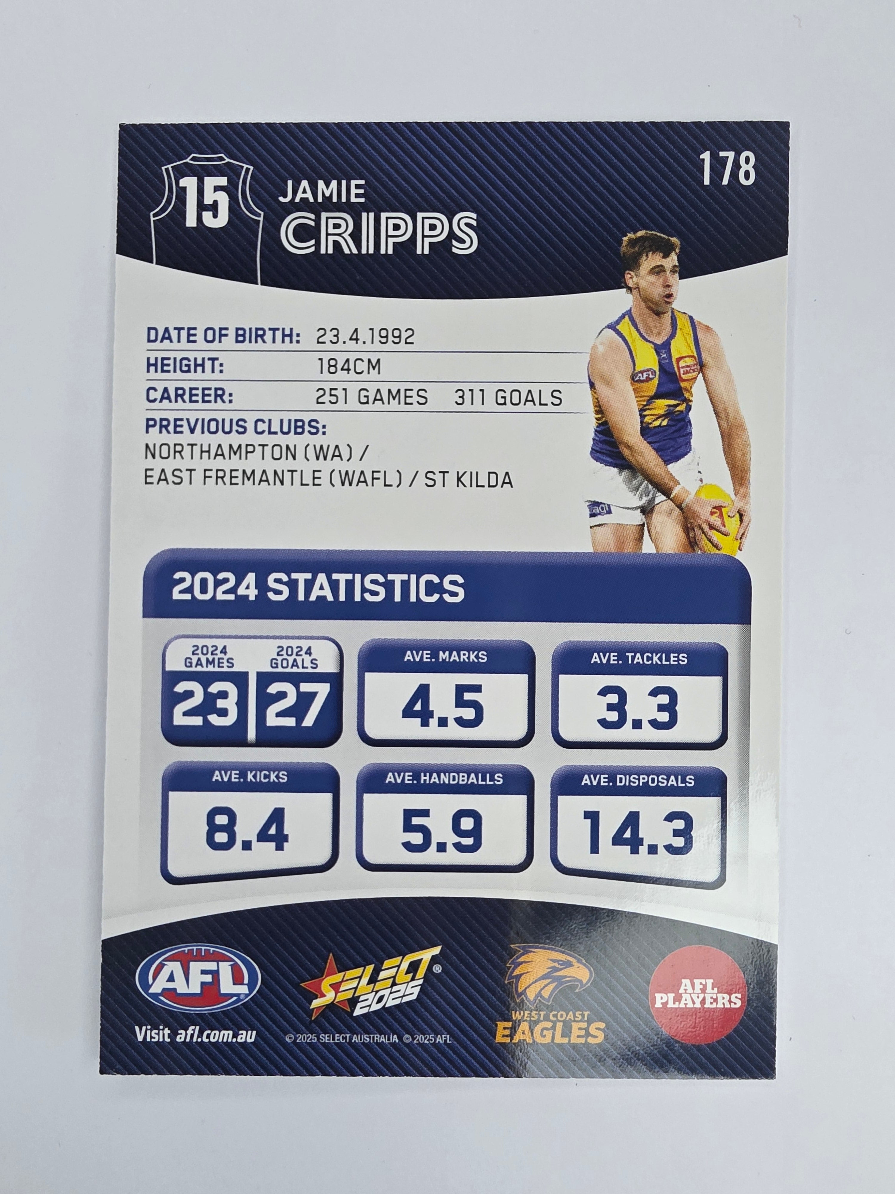 AFL 2025 Footy Stars Base Card #178 Jamie Cripps West Coast Eagles