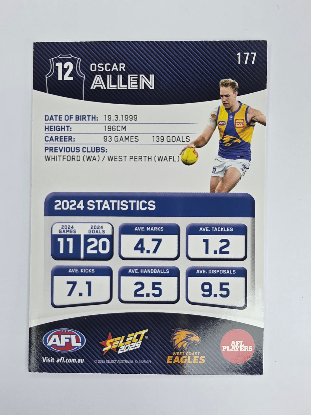 AFL 2025 Footy Stars Base Card #177 Oscar Allen West Coast Eagles