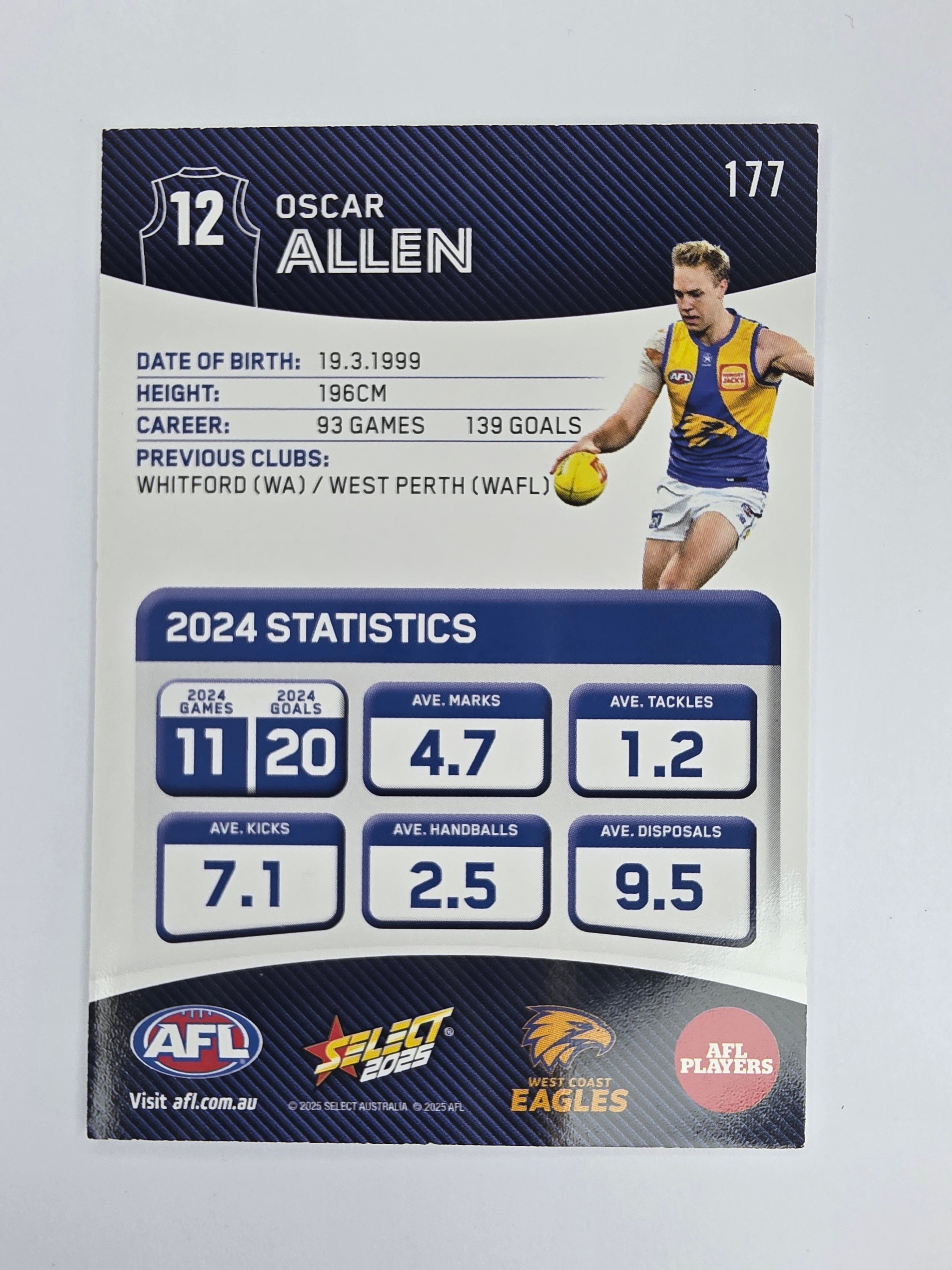 AFL 2025 Footy Stars Base Card #177 Oscar Allen West Coast Eagles