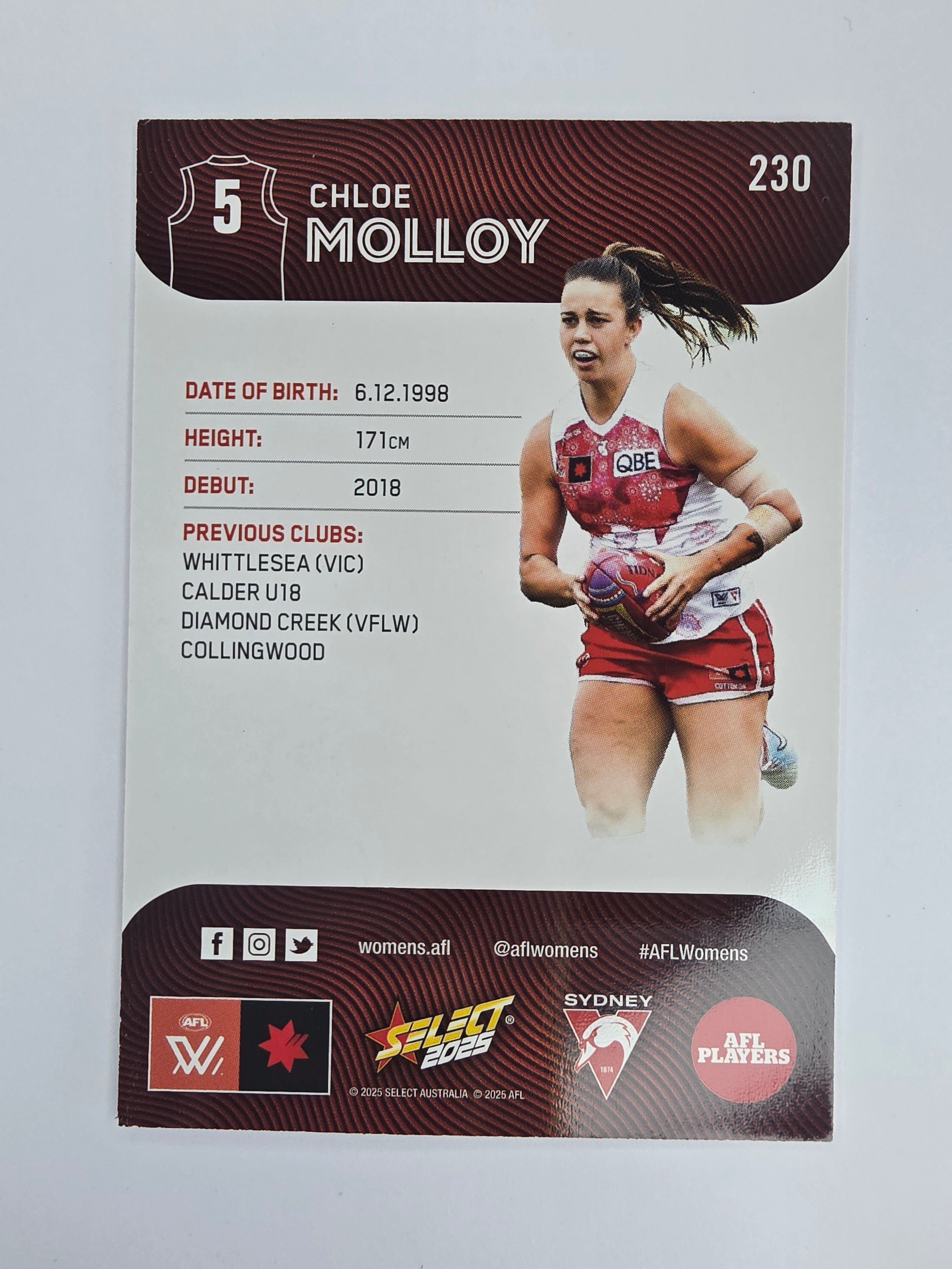 AFL 2025 Footy Stars Base Card #230 Chloe Molloy Sydney Swans AFLW