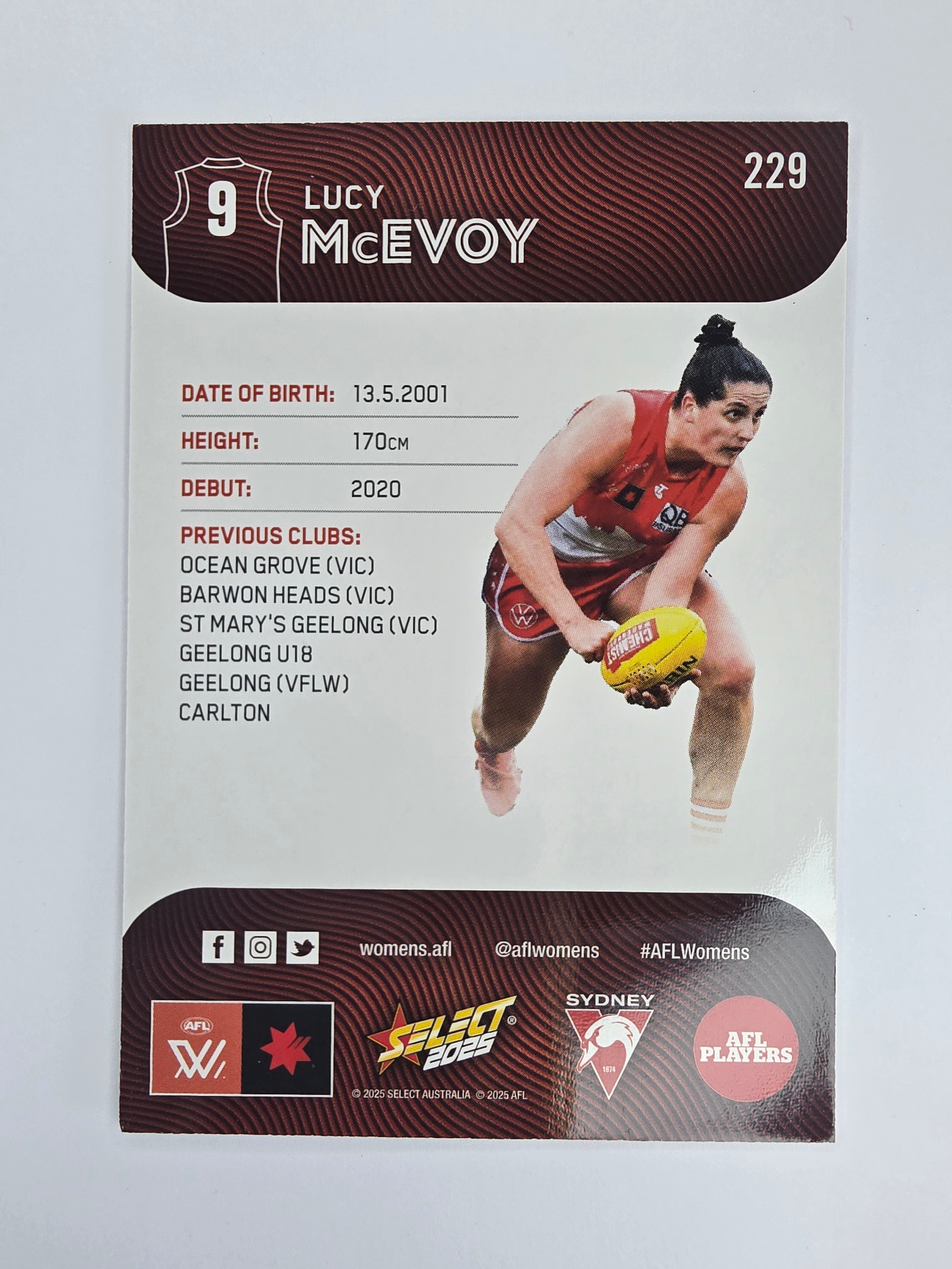 AFL 2025 Footy Stars Base Card #229 Lucy McEvoy Sydney Swans AFLW