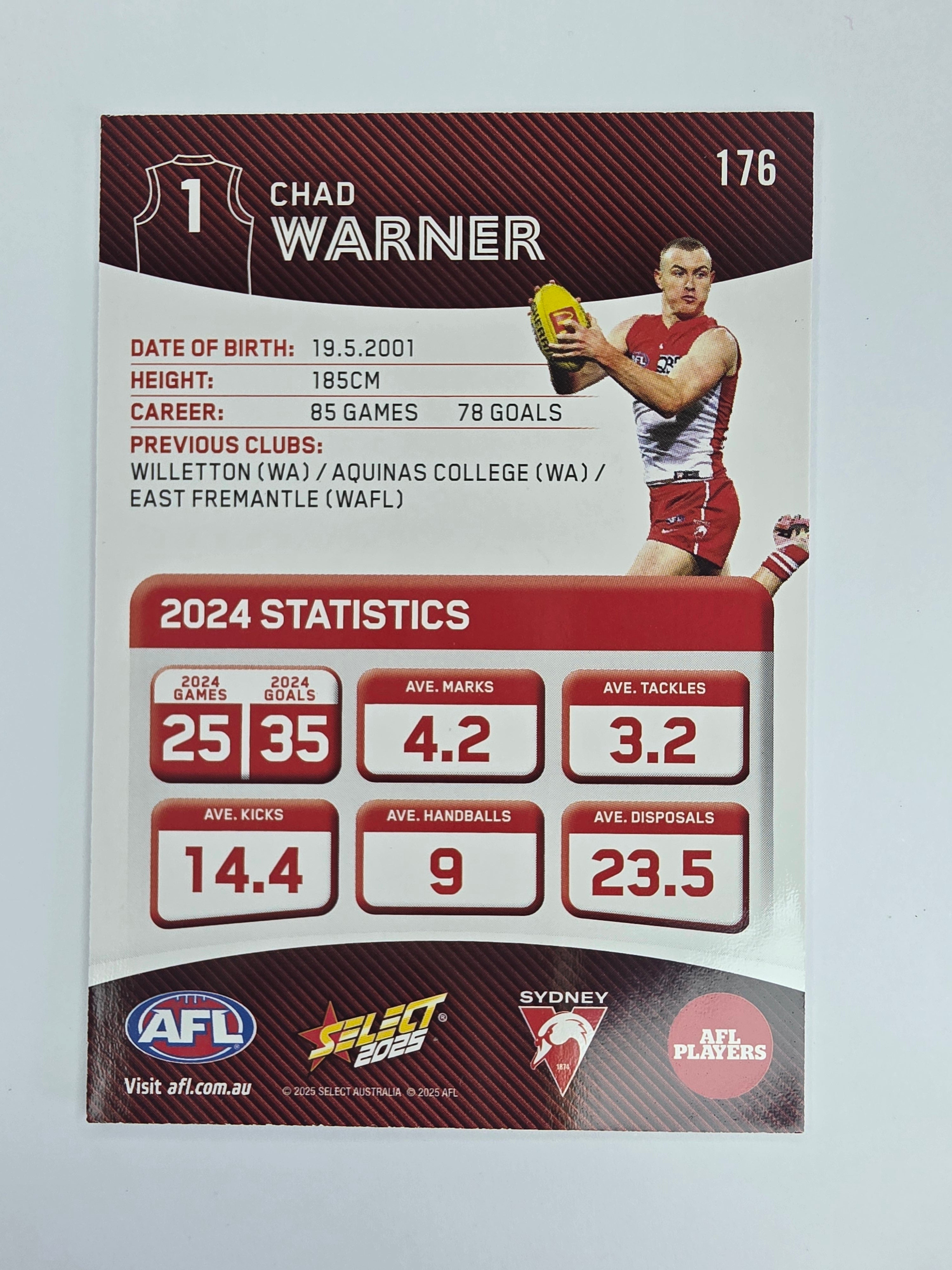 AFL 2025 Footy Stars Base Card #176 Chad Warner Sydney Swans