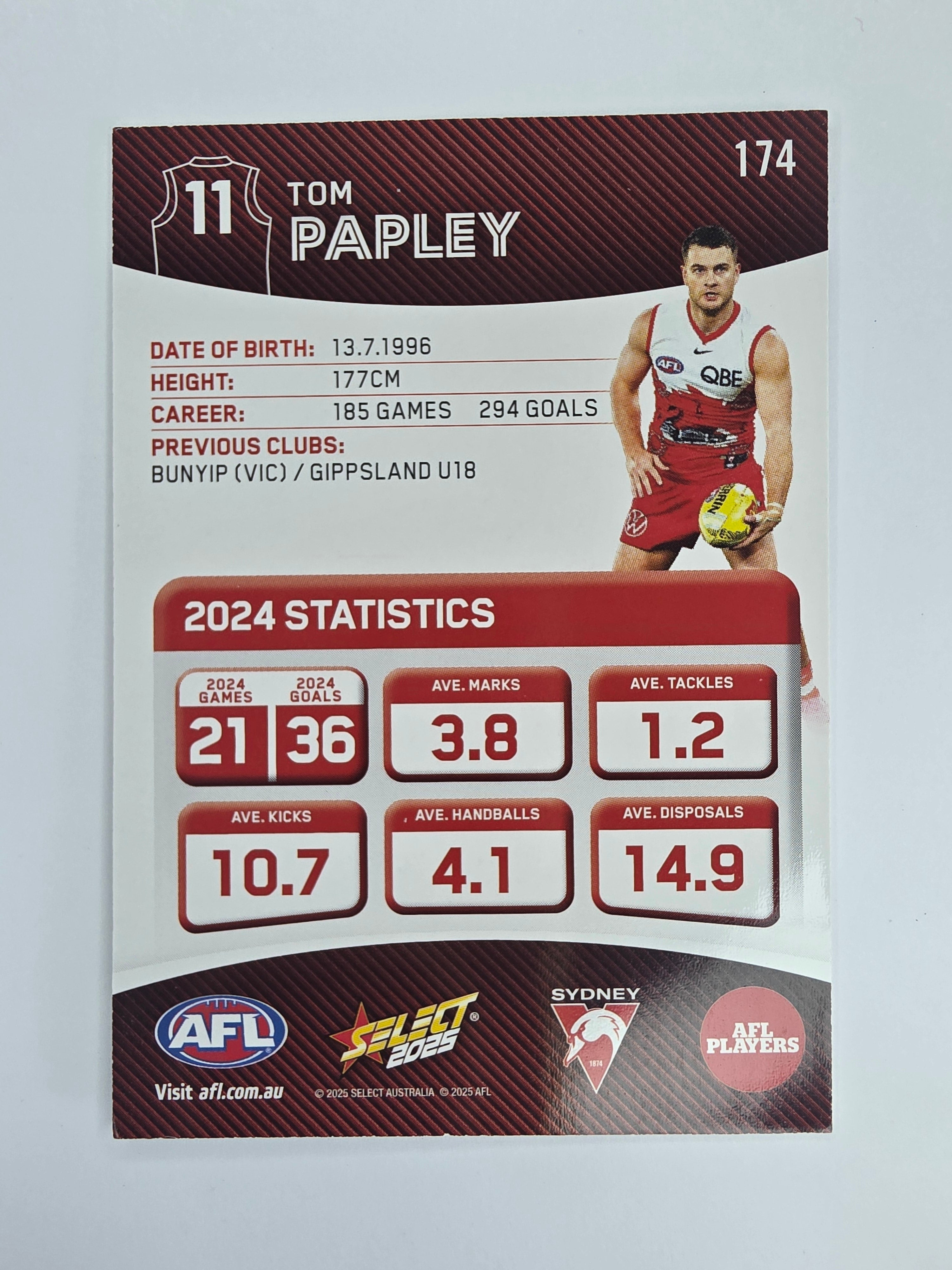 AFL 2025 Footy Stars Base Card #174 Tom Papley Sydney Swans