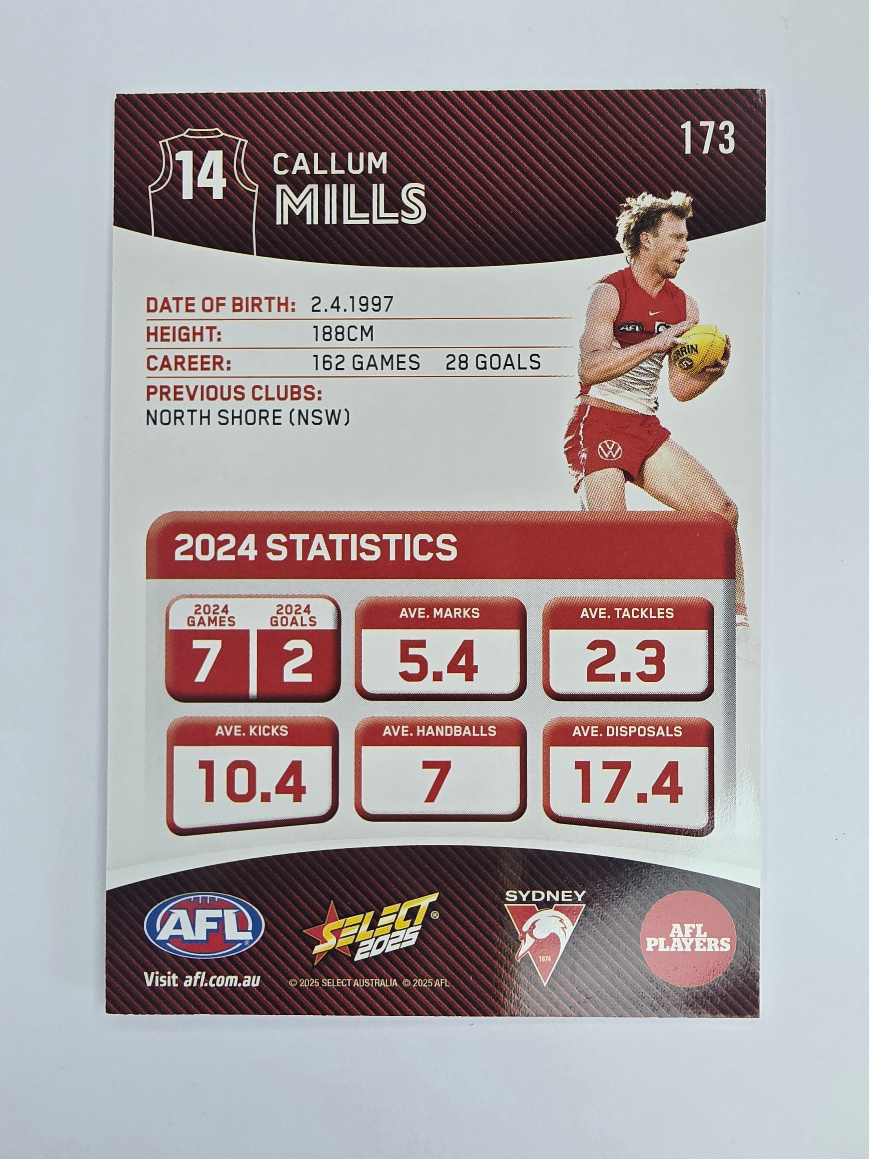 AFL 2025 Footy Stars Base Card #173 Callum Mills Sydney Swans