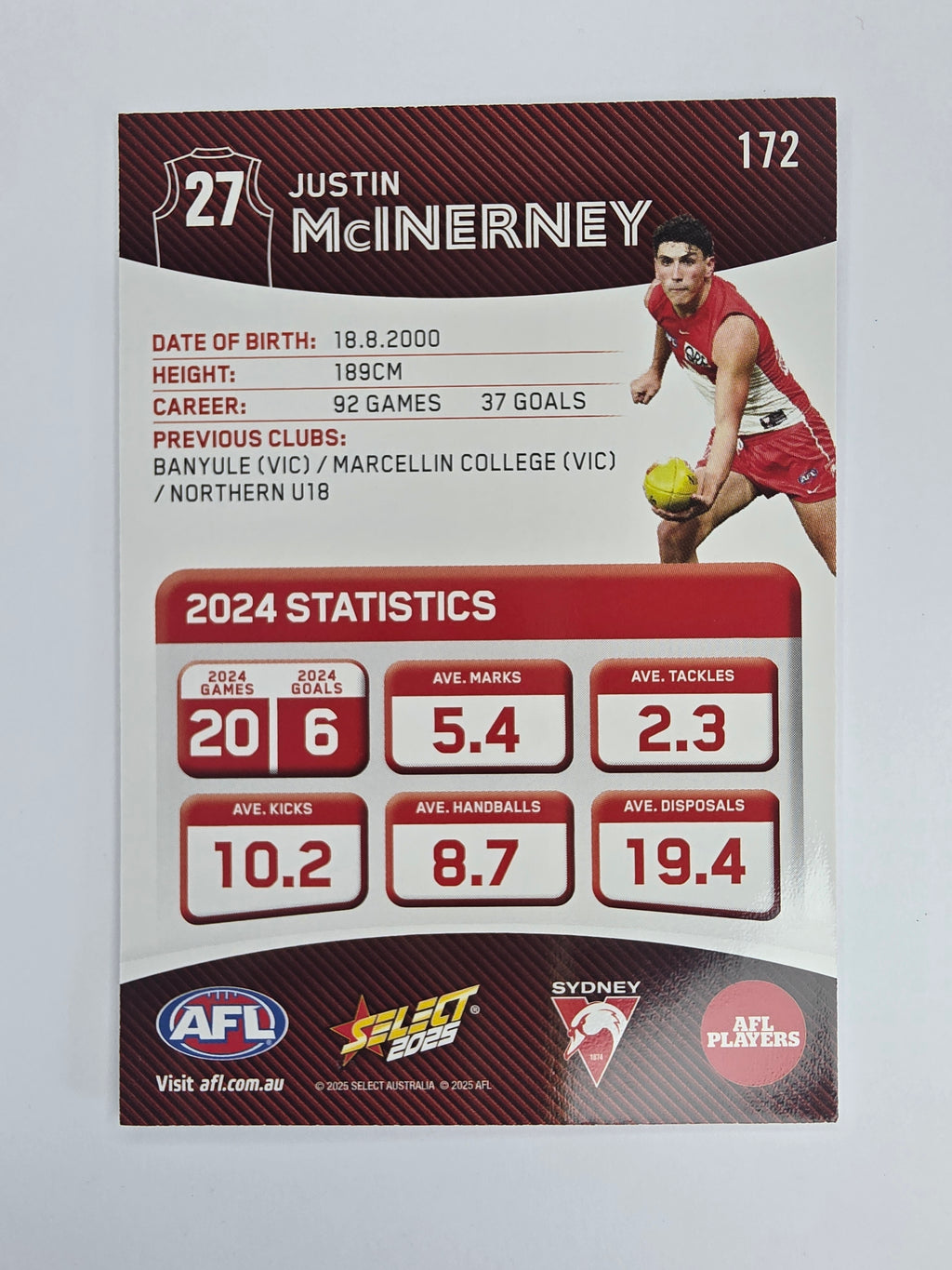 AFL 2025 Footy Stars Base Card #172 Justin McInerney Sydney Swans