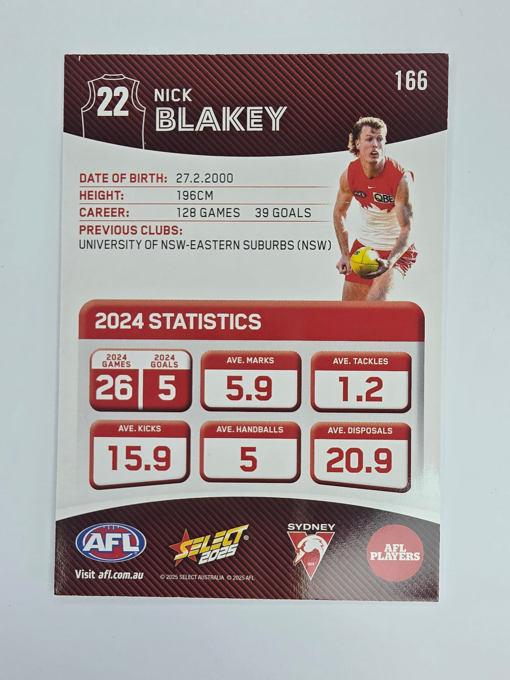 AFL 2025 Footy Stars Base Card #166 Nick Blakey Sydney Swans
