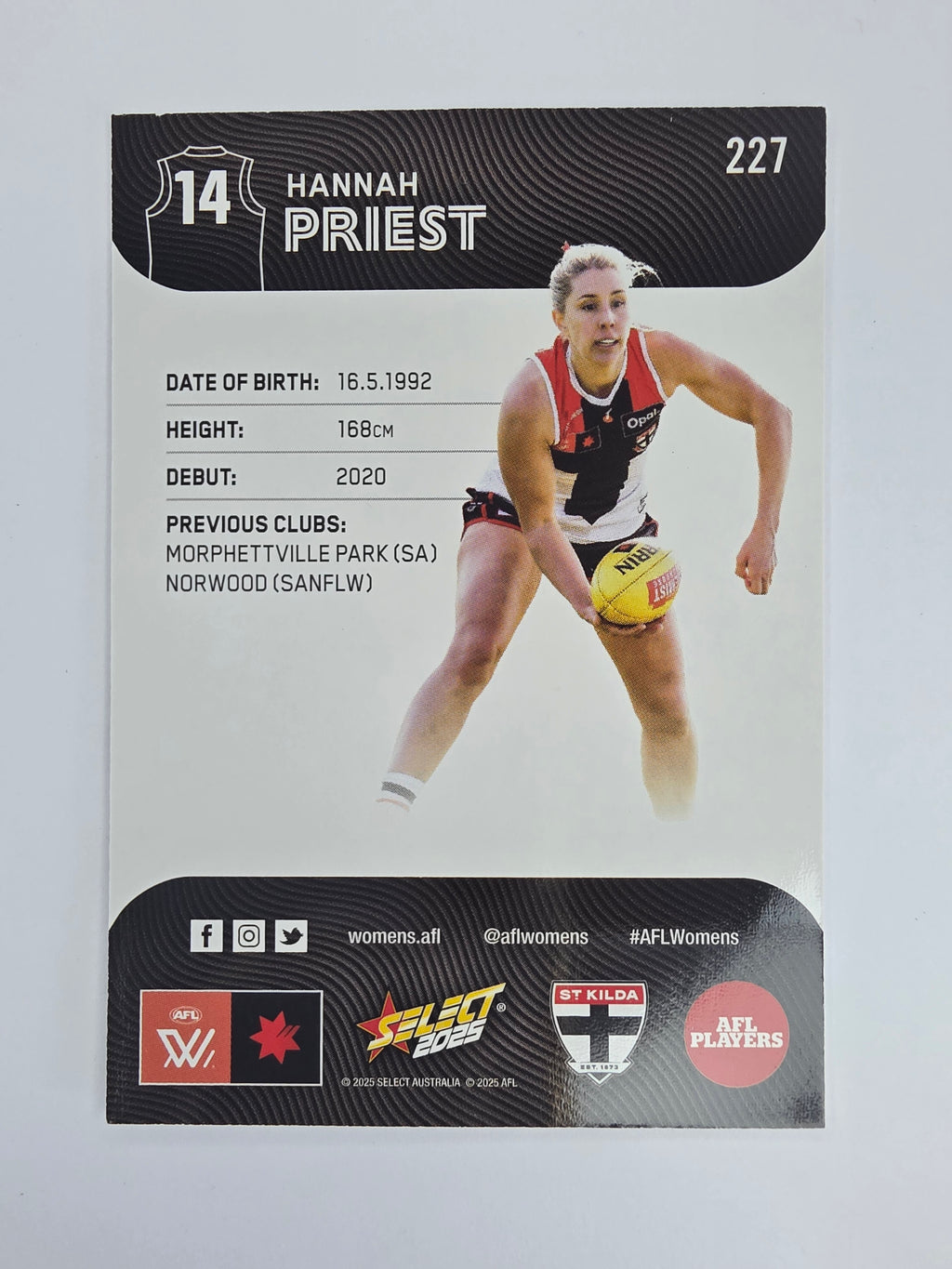 AFL 2025 Footy Stars Base Card #227 Hannah Priest St Kilda Saints AFLW